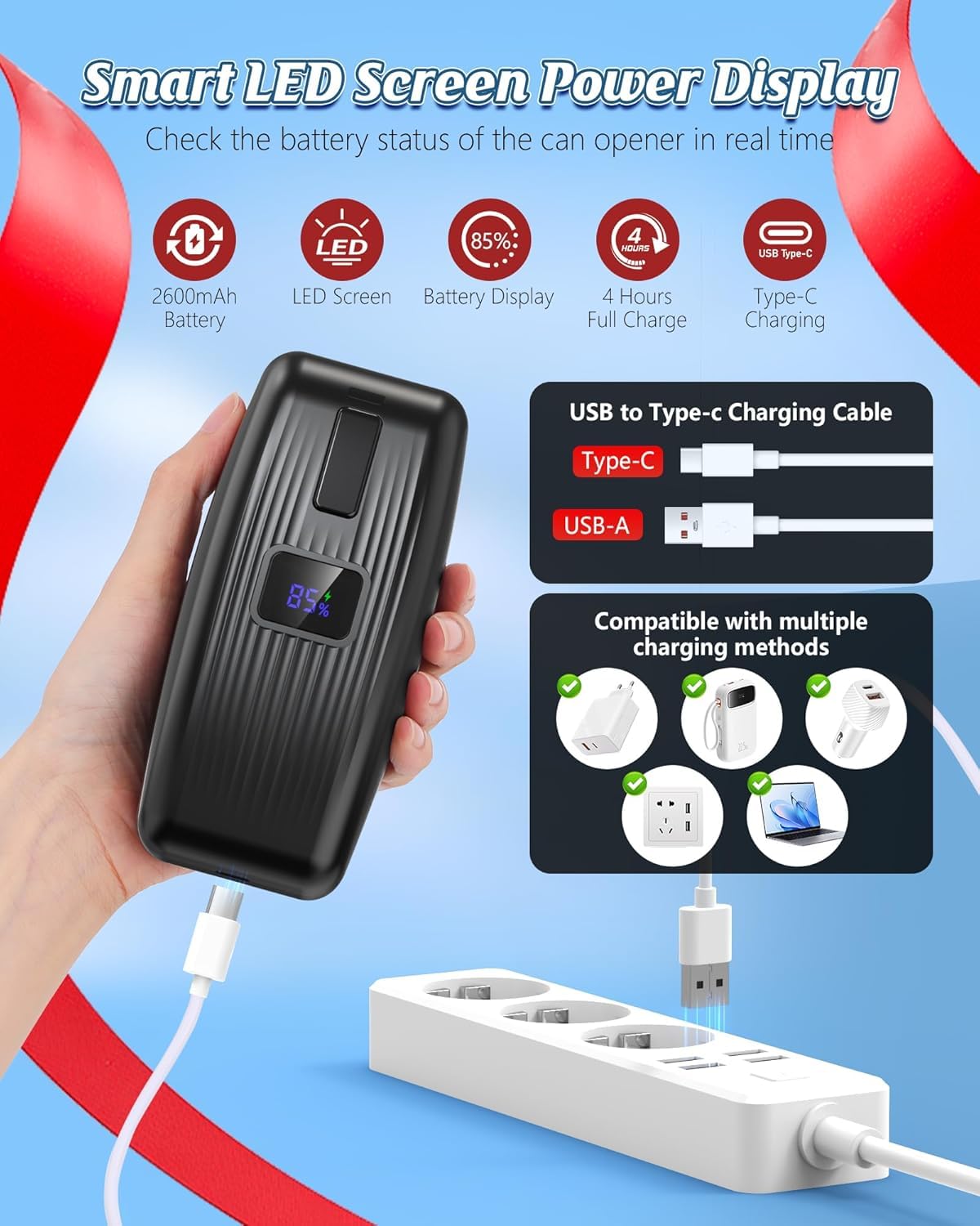 Electrique Ouvre Boite Automatique Intelligent Ouvre-Boîte Electrique One Touch Ouvre-Bocal Automatique Ouvre Boite de Conserve Electrique Rechargeable Ouvre-Boîte pour Arthrite/Seniors -Noir