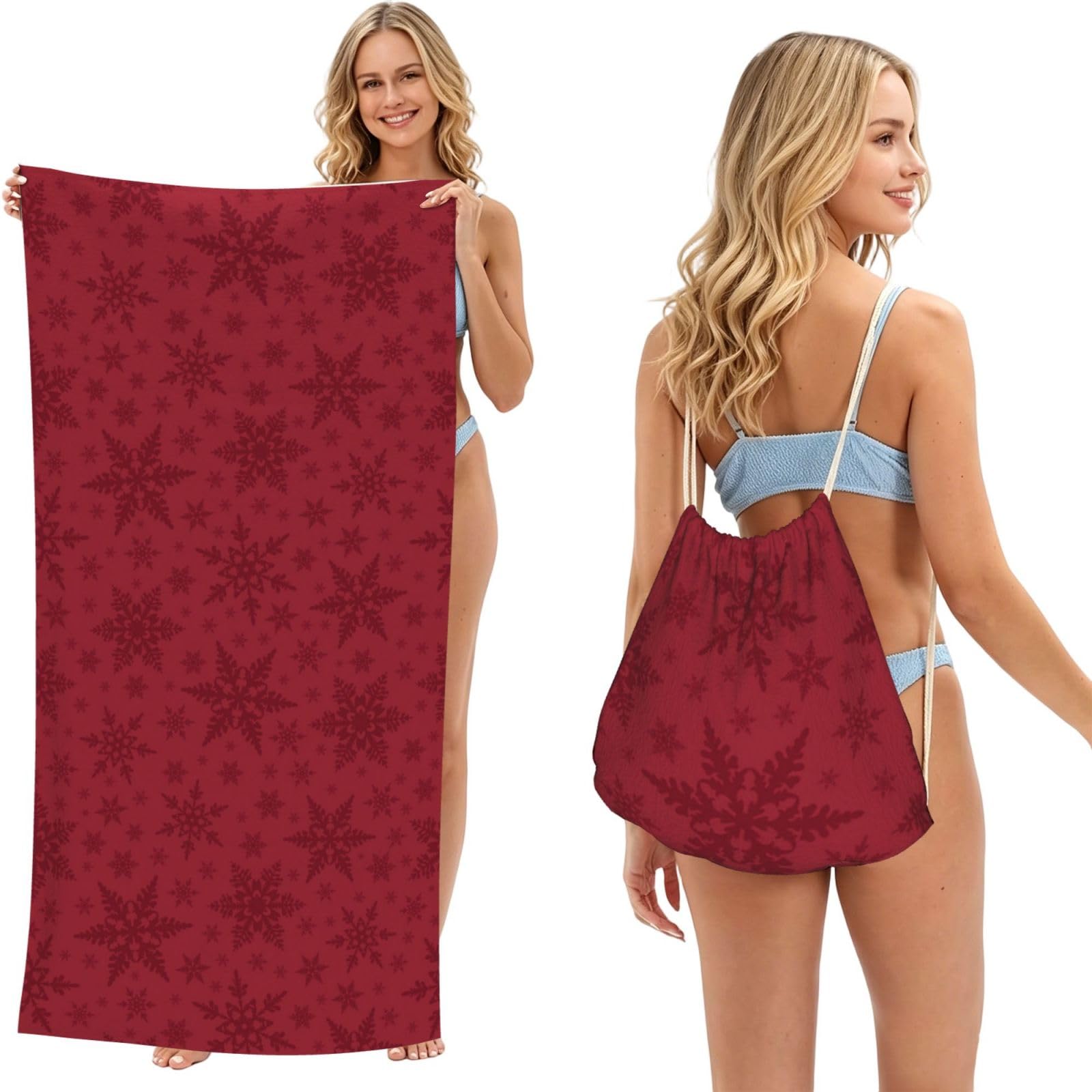 Poadnly As Picture Christmas Red Christmas Snowflake, 2 In 1 Packable Towel Bag, Beach Towels With Drawstring Backpack For Travel Holiday Camping