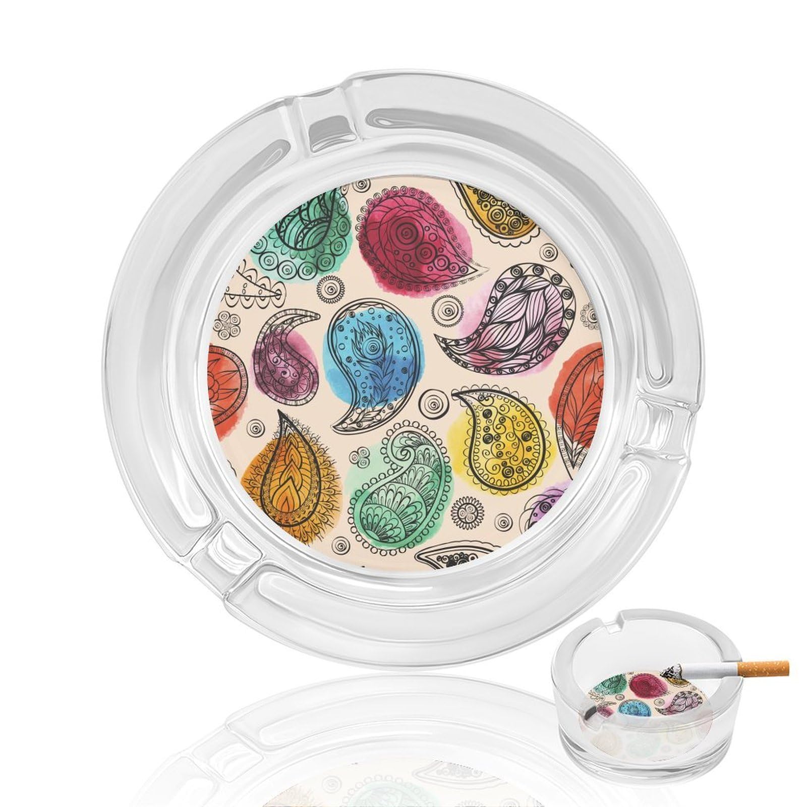 Colorful Mandala Patter Glass Ashtray 3.3 Inch Round Cigarette Ash Holder with 4 Grooves for Home Office Outdoor One Size