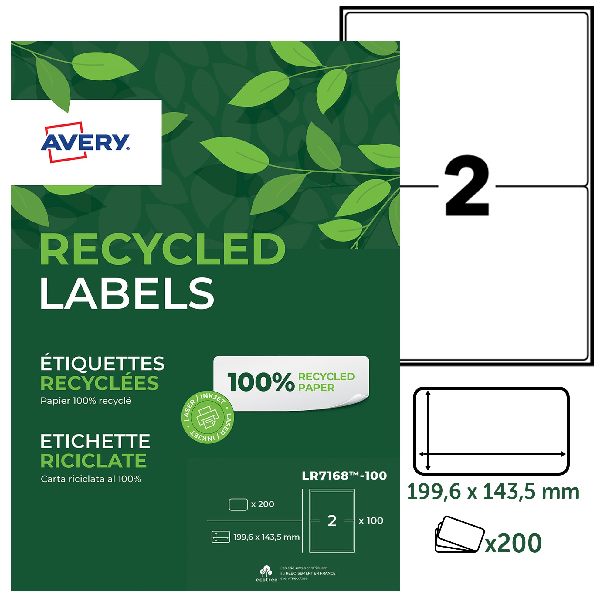 Avery Italia, Etichette in carta riciclata bianca per buste e pacchi 199,6x143,5mm - Laser - 100 ff, (LR7168-100)