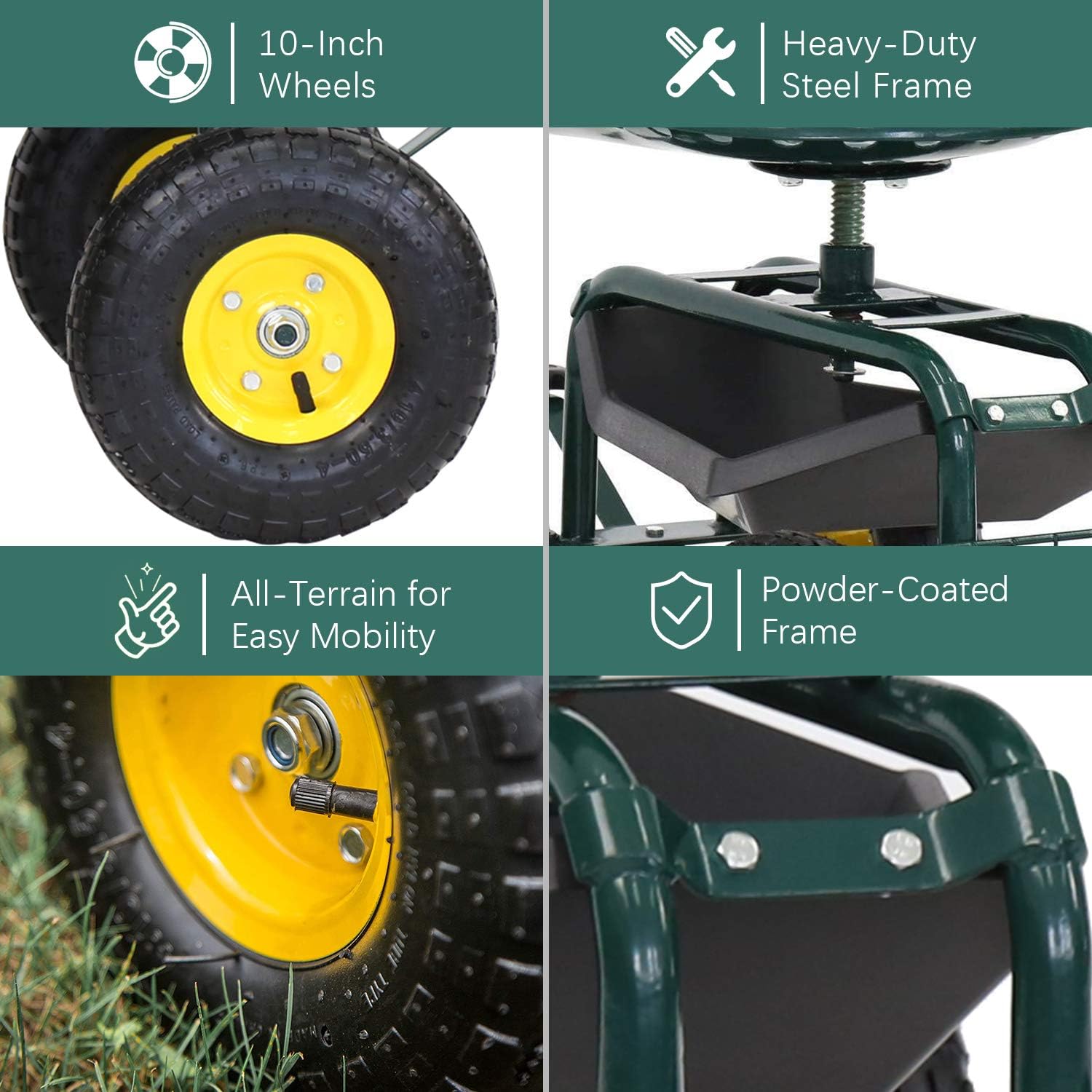 Garden Cart Rolling Work Seat Patio Wagon Scooter for Planting with Utility Tool Tray and Basket, Green