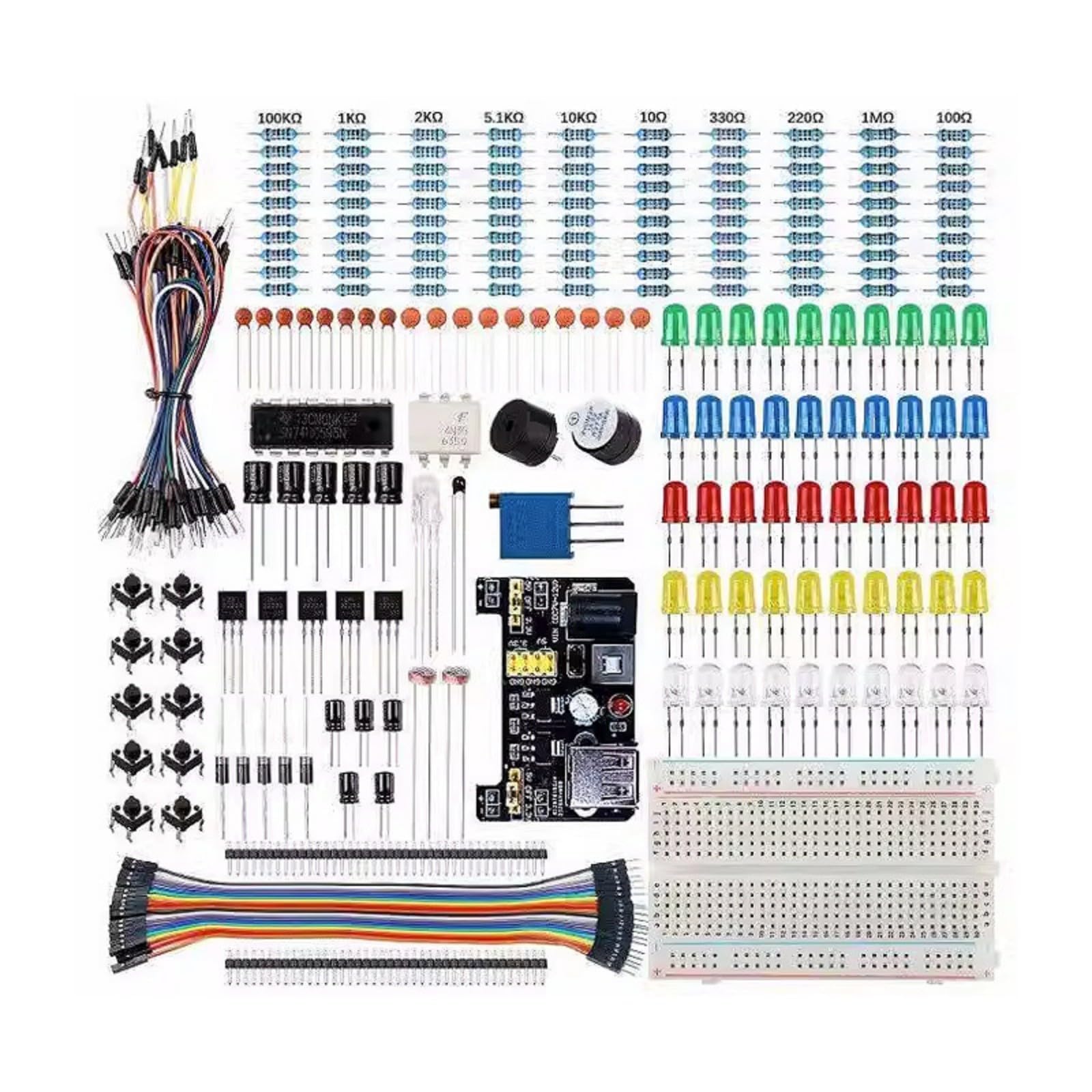 Compatibile con Arduino UNO R3 Starter Kit, componenti elettronici, scheda, sensori, LED, breadboard, cavi ponticello, alimentatore, resistenze, keycaps