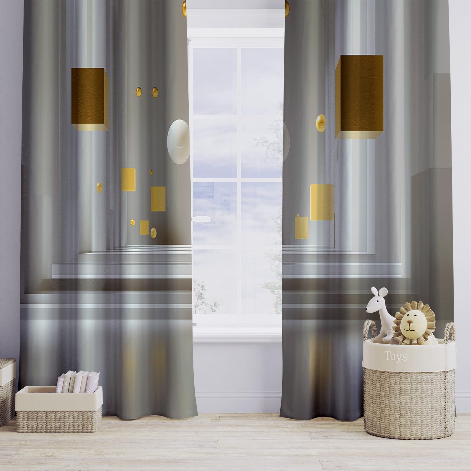 Arte Digital Cortinas Opacas Cubos Geométricos Esferas Doradas Cubos,140 x 260 cm (2 Paneles), con Ojales - Tratamientos de Ventana Estampados para Dormitorio o Sala de Estar