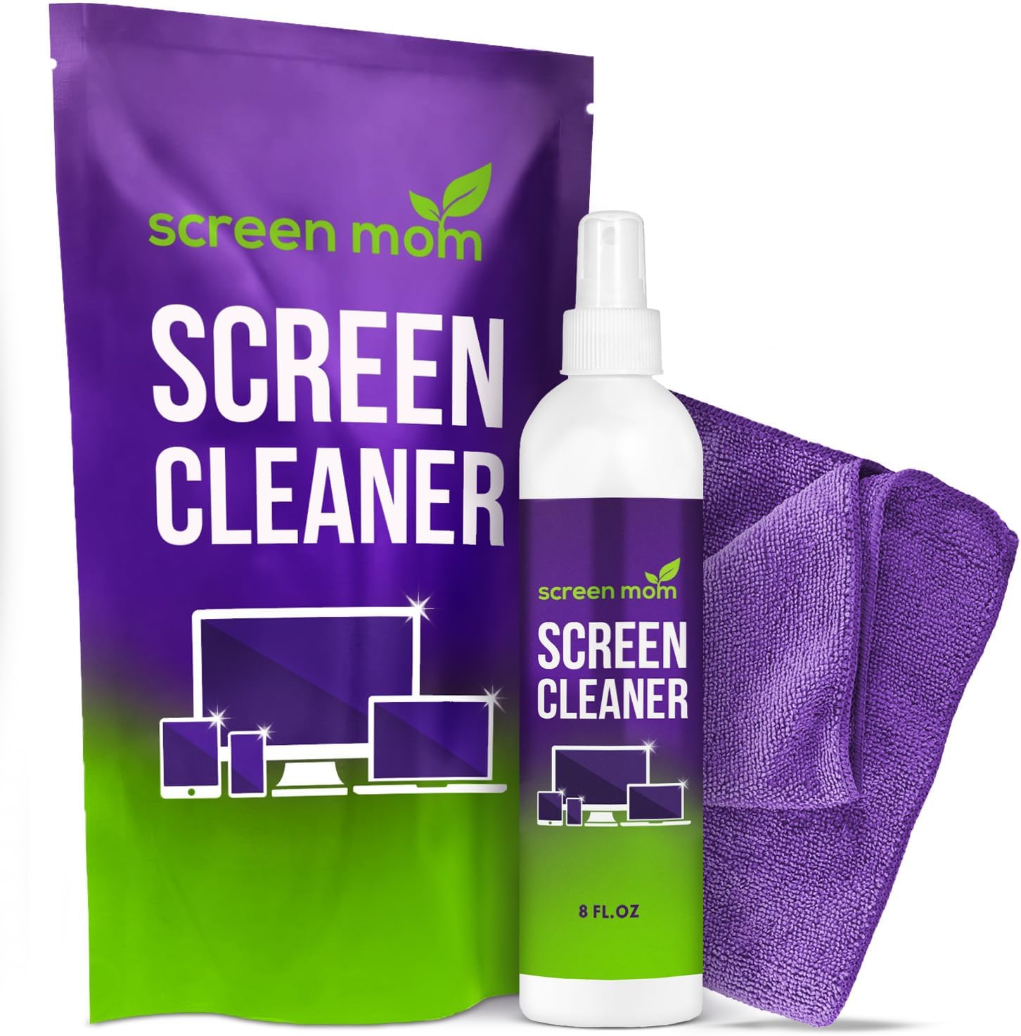 Screen Mom Screen Cleaner Kit - Best for LED & LCD TV, Computer Monitor, Phone, Laptop, and iPad Screens – Includes 8oz (225ml) Spray Bottle and Large Premium Microfiber Cloth