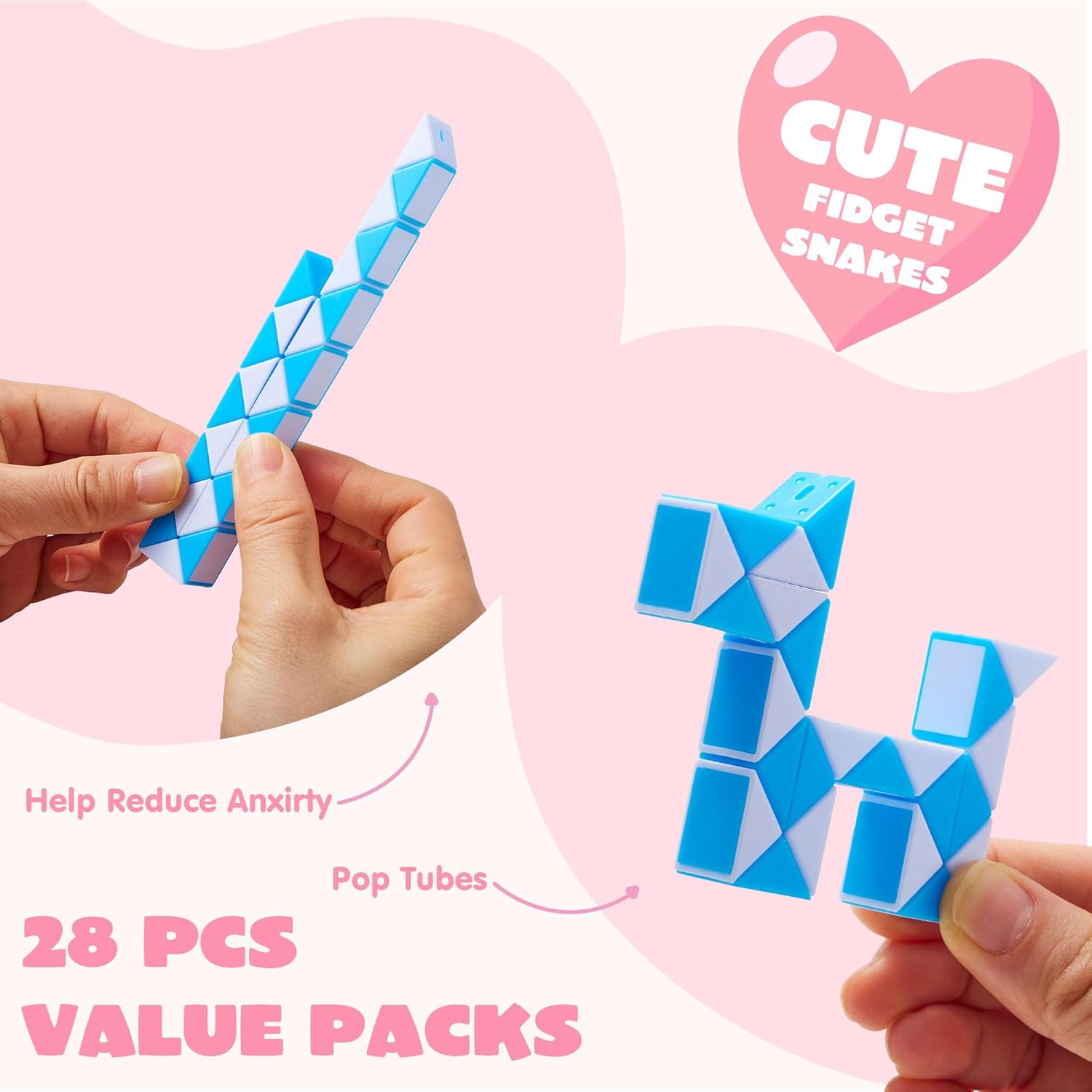 JOYIN 28 Packs Valentine's Day Cards with Snake Twist Toys for Kids, Snake Twist Puzzle Magic Stress Relief Fidget Toys with Cards for Valentine Classroom Exchange Prizes Party Favor