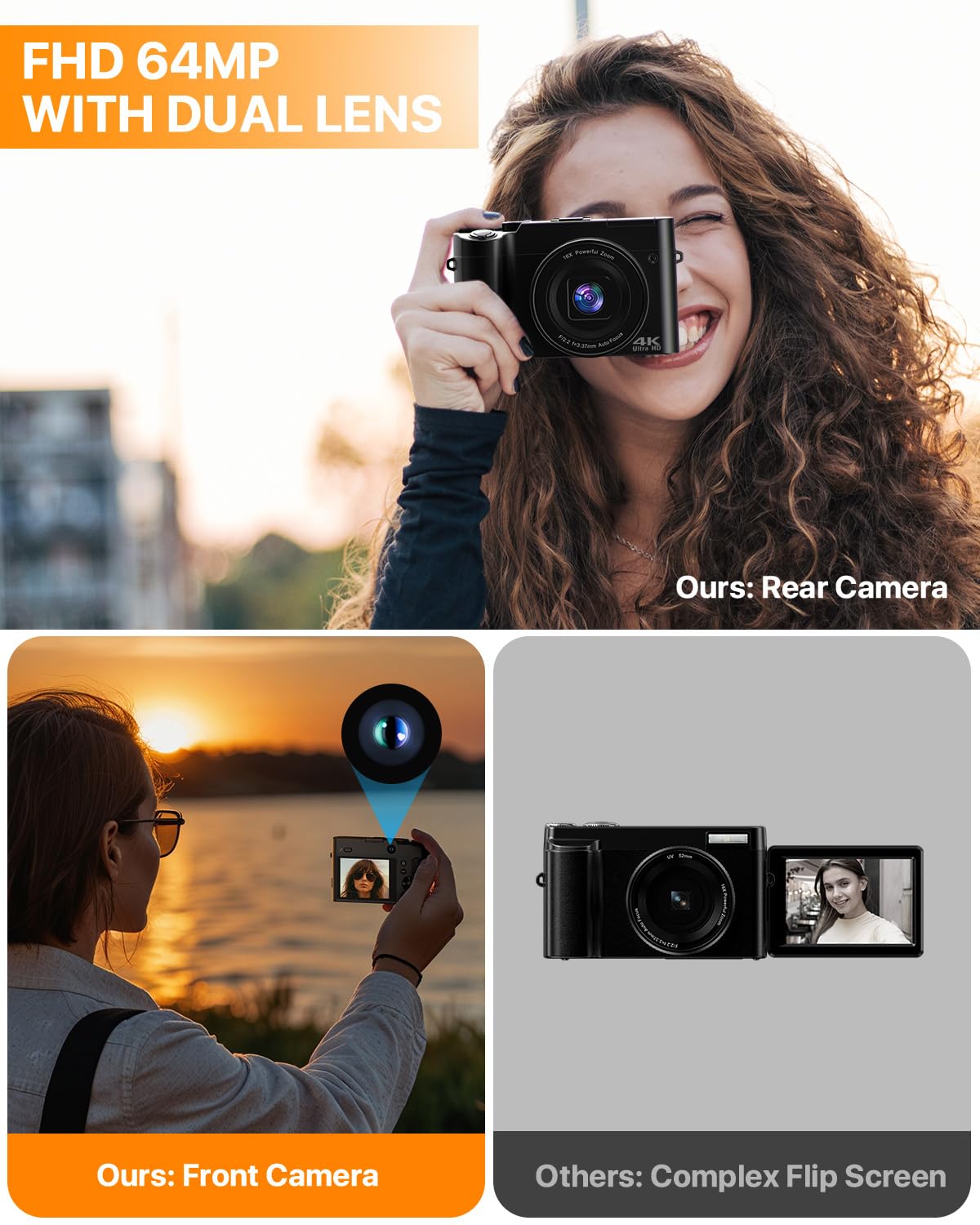 Cámara Digital 4K, 64 MP Dual Camera Antivibración Vlogging Cámara Fotográfica con Tarjeta de Memoria de 32 GB, Zoom Digital 16X, 2 baterías y Cargador, y Cámara Compacta para Principiantes