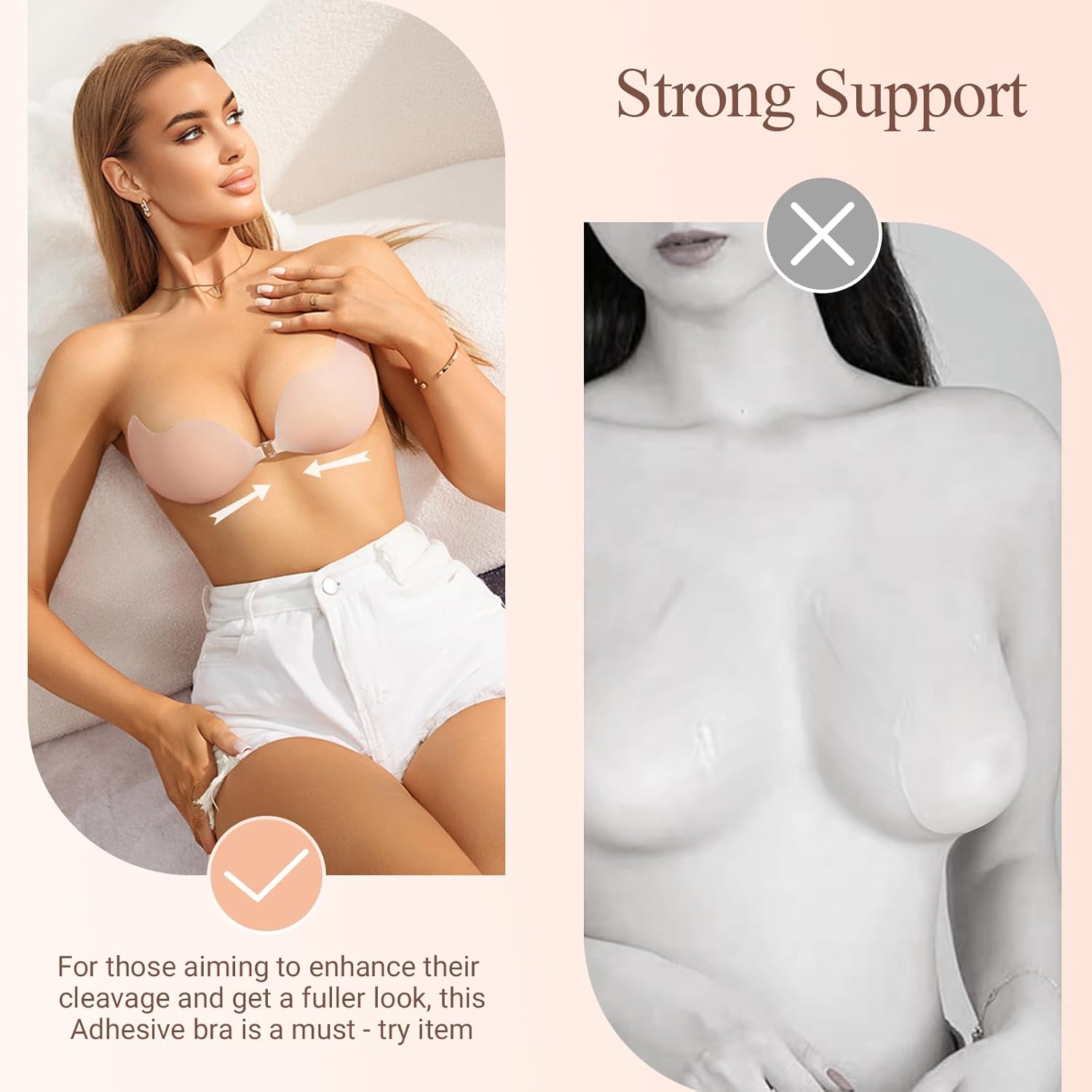 Rosefly Silicone Sticky Bra for Women,Strapless Backless Bras with Aloe AB Adhesive Bond, Adhesive Bra Push up & Invisible Seamless Body Silhouette for Plunging Dress, Cups A-D, Creme - Image 3