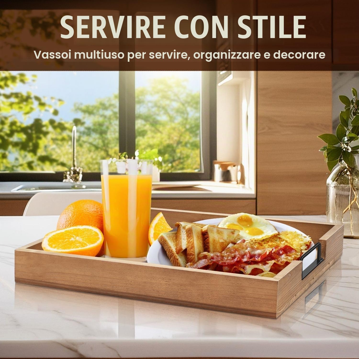 Flexzion Set di 3 vassoi da portata rustici, impilabili in legno di abete con manico, vassoio per la colazione in legno, vassoio per salumi annidato resistente, per tavolino ottomano, set di vassoi