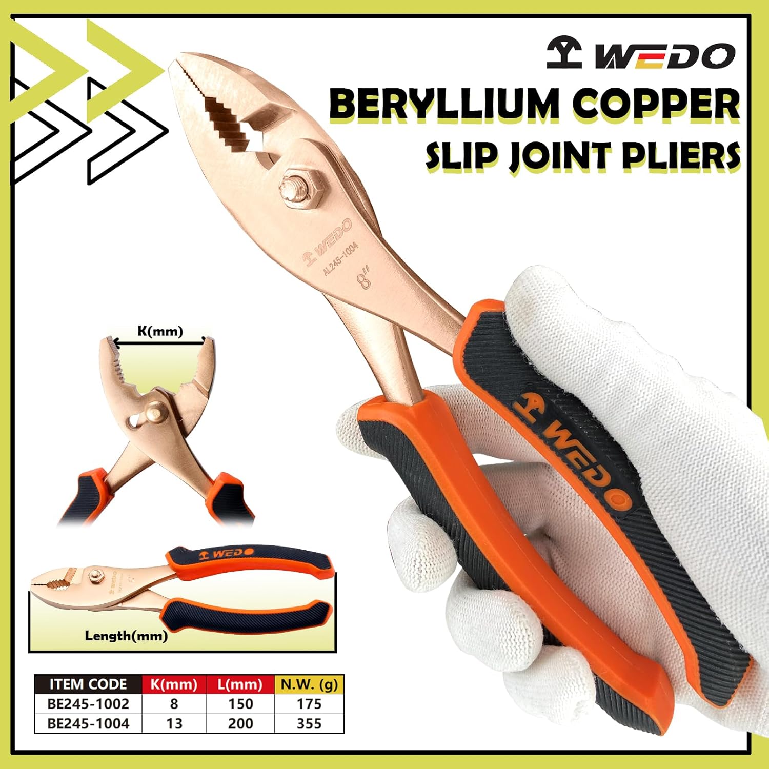WEDO Non-Sparking Adjustable Combination Pliers 6", Spark-free Safety Slip Joint Pliers, Non-Magnetic, DIN Standard, BAM & FM Certificate, Opening Max 8mm, Beryllium Copper