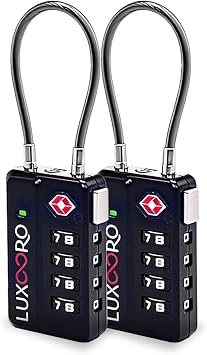 Tool-Less TSA Approved Luggage Lock with Alert Indicator, 4-Digit Resettable Combination, Durable Zinc Alloy Travel Locks for Suitcase, Backpack, Toolbox, Locker, Keyless Black 2 Pack