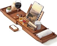 XcE Expandable Bamboo Bathtub Caddy Tray 29-41" with Book Stand, Wine Holder, Soap Dish & Anti-Slip Pads for Clawfoot Tubs, Brown