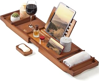 XcE Expandable Bamboo Bathtub Caddy Tray - Fits 29-41" Tubs w/ Book Stand, Wine Holder, Soap Dish & Anti-Slip Pads, Brown