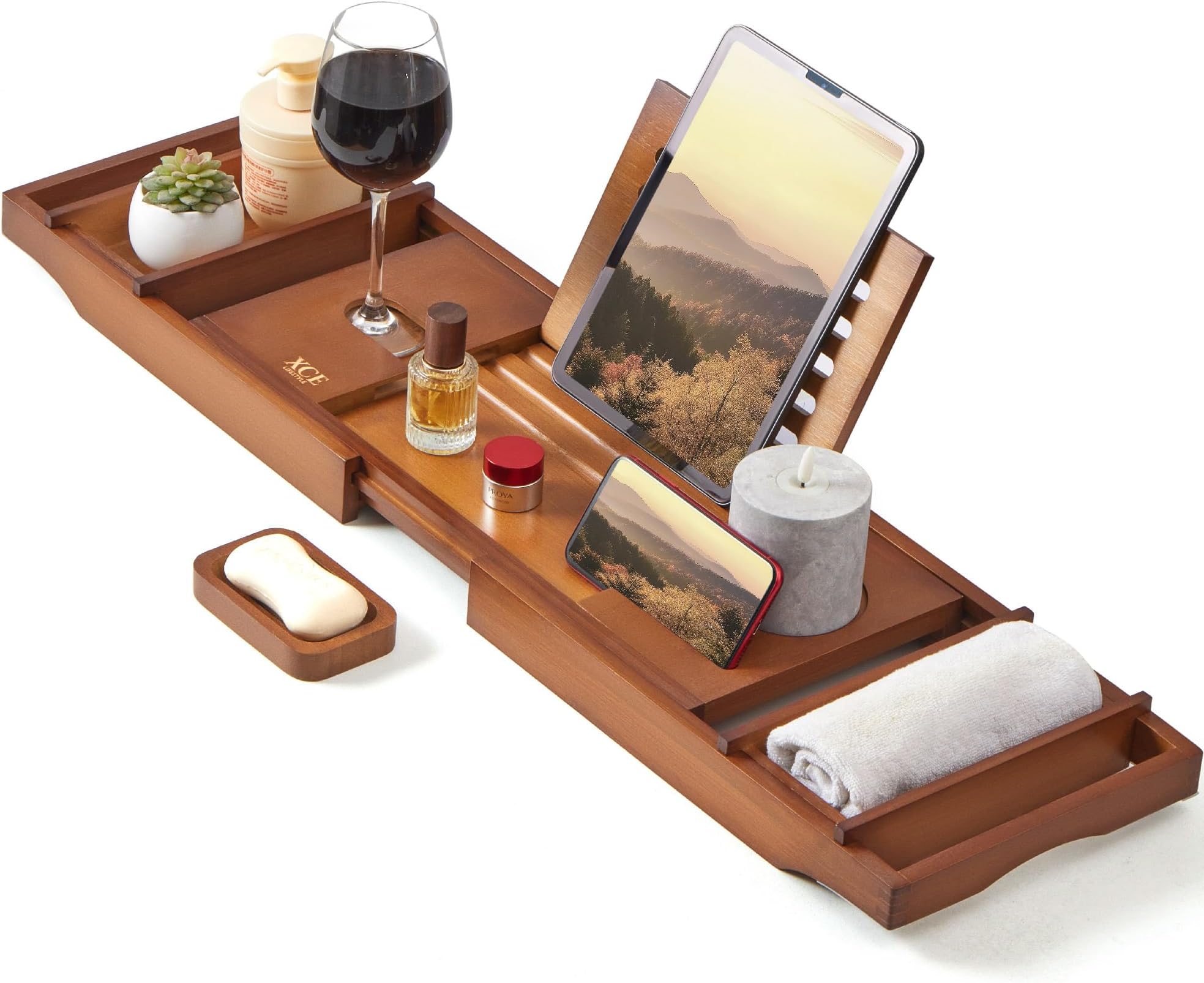 XcE Bamboo Bathtub Caddy Tray - Expandable to 41 Inches with Book Stand, Soap Holder & Anti-Slip Pads for Luxury Bath Spa, Brown