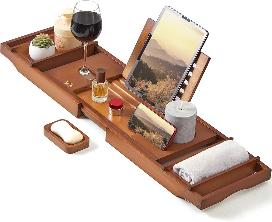 XcE Bamboo Bathtub Caddy Tray - Expandable to 41 Inches with Book Stand, Soap Holder & Anti-Slip Pads for Luxury Bath Spa, Brown