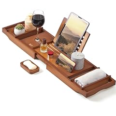 XcE Bamboo Bathtub Caddy Tray - Expandable to 41 Inches with Book Stand Soap Holder Anti-Slip Pads for