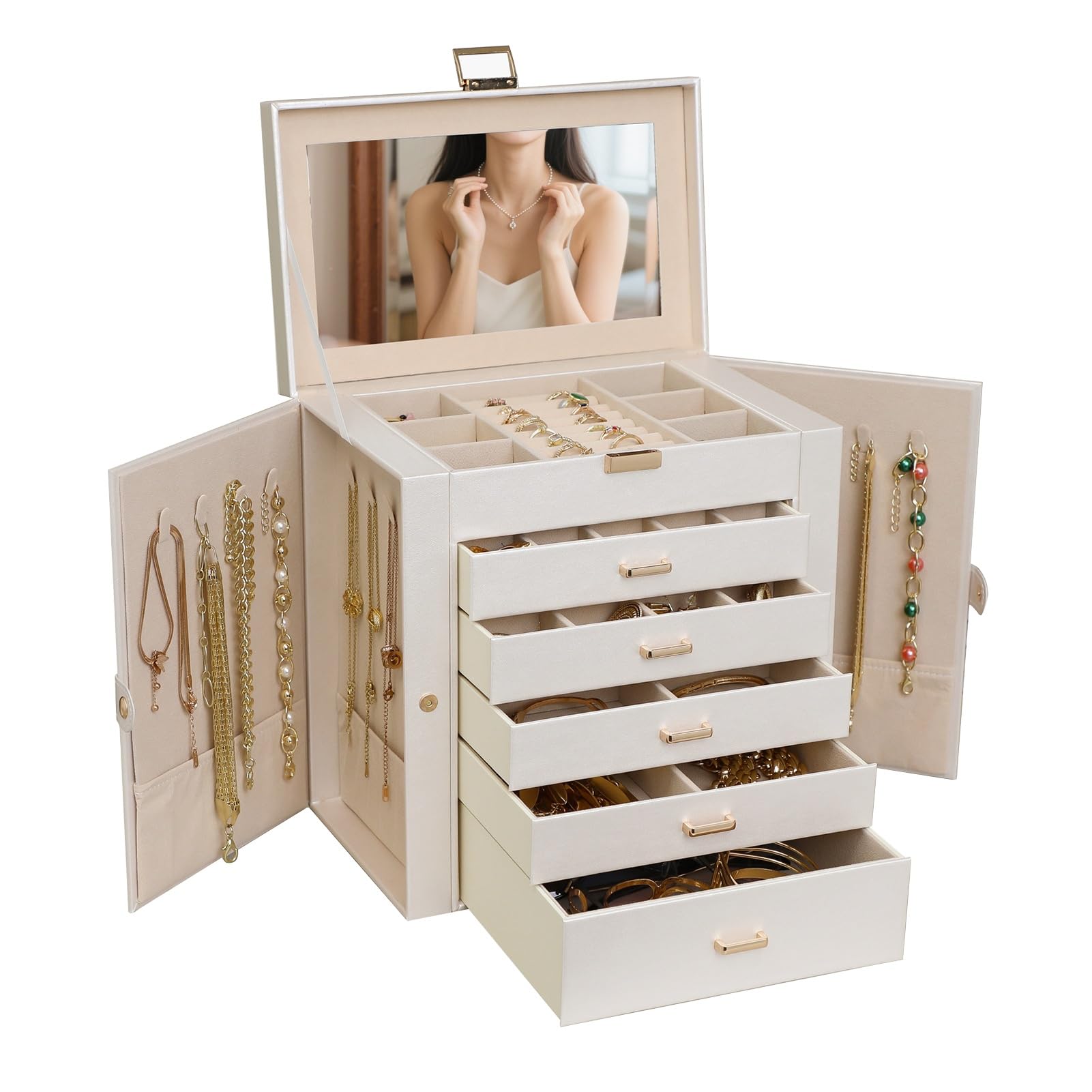 SDFSDE 6-Layer Jewelry Box Organizer Storage Case With 5 Drawers And Mirror For Necklace, Watches, Rings, Earrings, Bracelets, Glass