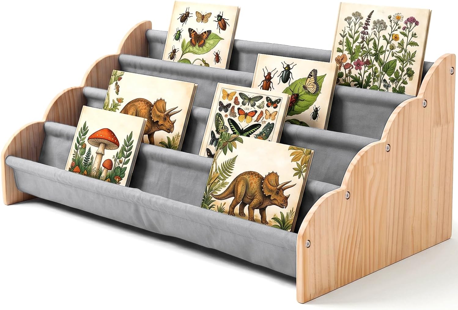Sherilyn Montessori Bookshelf for Kids, 4-Tier Toddler Bookshelf Wooden Book Organizer Baby Bookcase, Decorative Nursery Book Shelves for Kids Room, Playroom, Reading Corne, Play Tent (Grey)