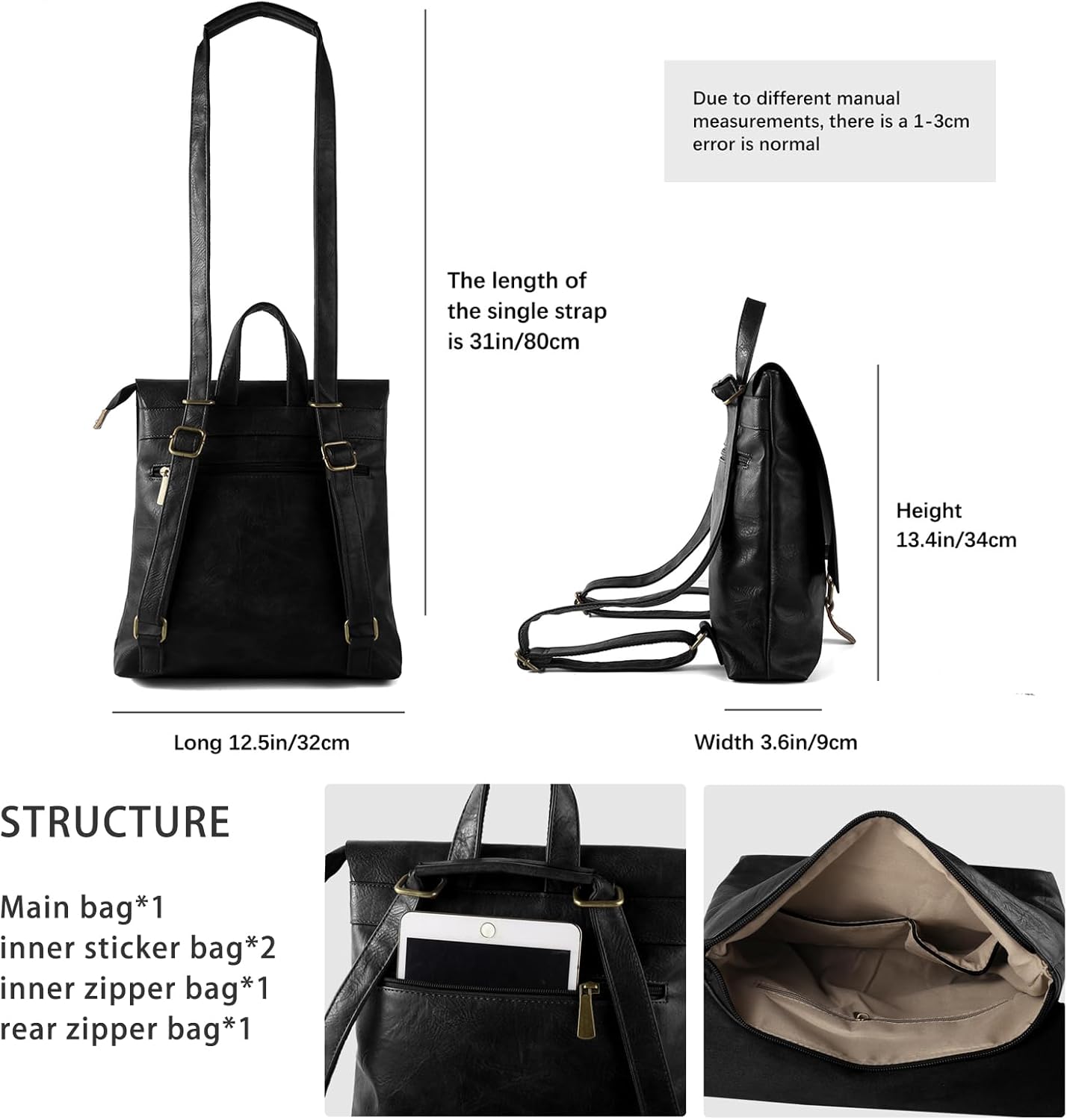 Women's Fashion Backpack Purse Multipurpose Design Convertible Satchel Handbags Shoulder Bag Travel bag (Black) - Image 3