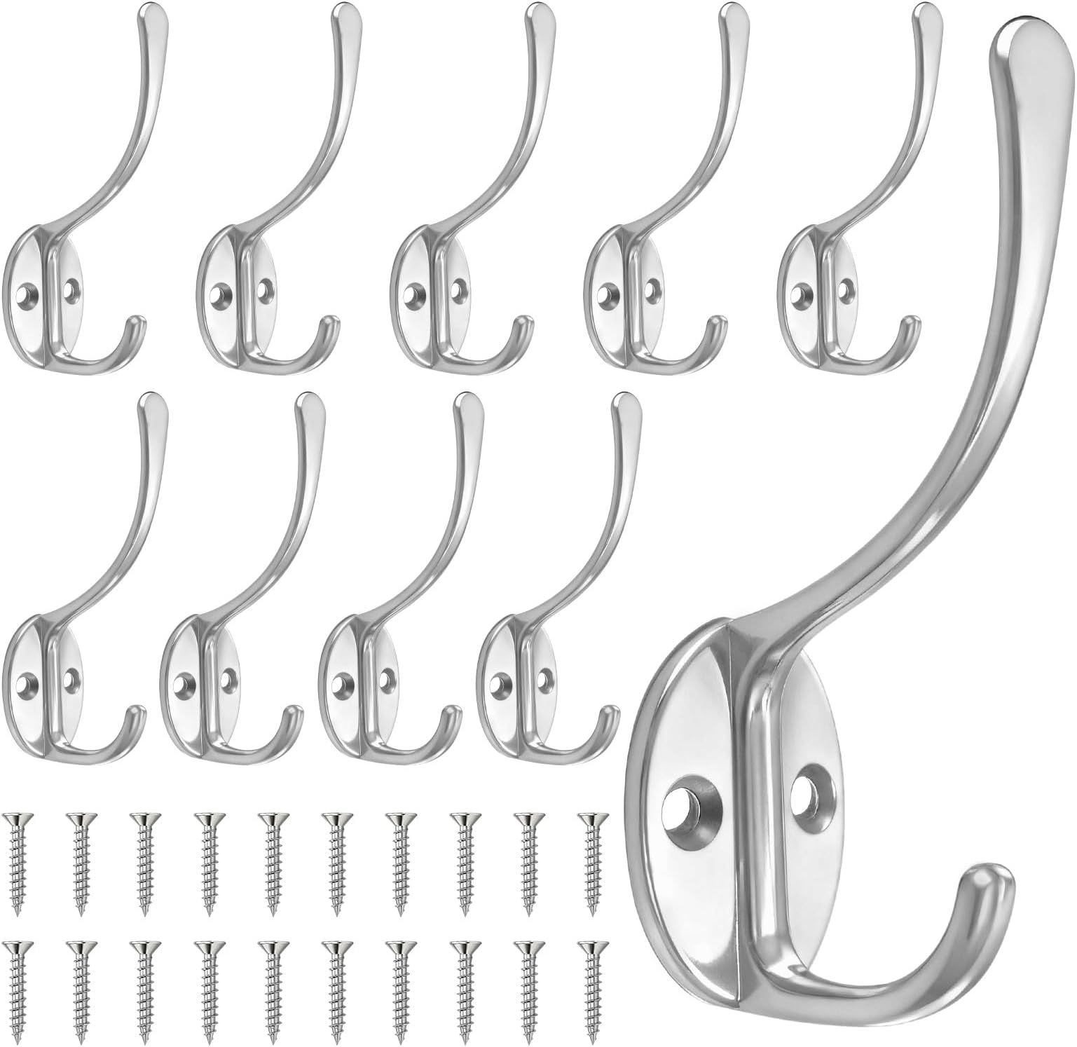 10 Pack Coat Hooks Wall Mounted with 20 Screws, Heavy Duty Silver Towel Hooks Metal Double Hooks, No Rust Retro Rustic Wall Hooks for Hanging Towel, Coat, Scarf, Bag, Hat, Cup, Key