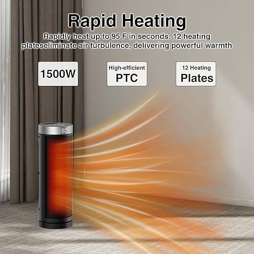 Miniatura 4 de Calentador de espacio, calentadores de cerámica PTC de 17 pulgadas con control remoto, termostato, oscilación de 70, calentamiento rápido y