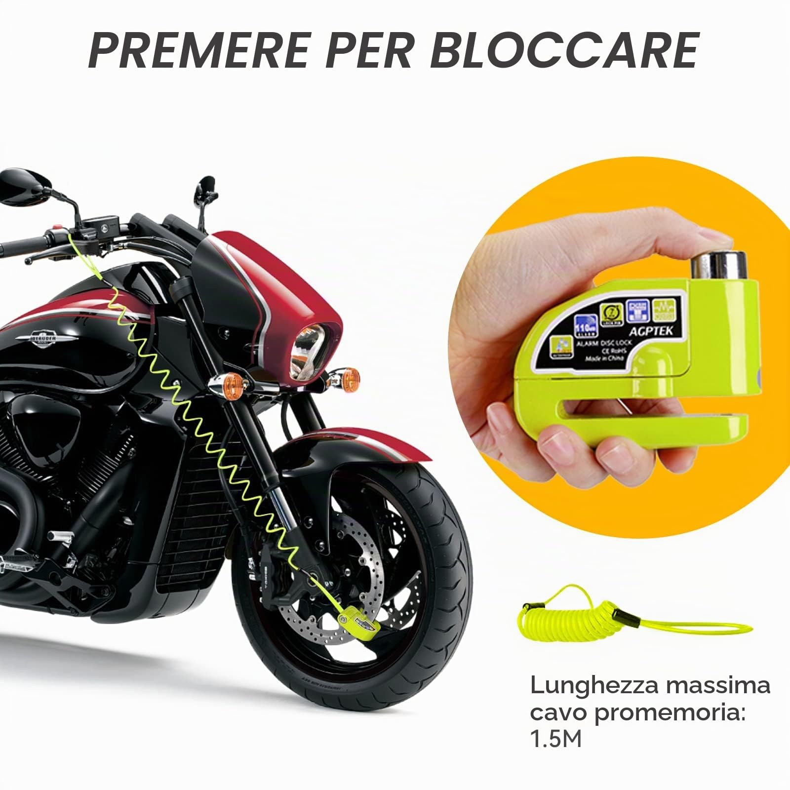 AGPTEK Bloccadisco Antifurto Moto Impermeabile con Allarme Sonoro 110dB, Blocca disco in lega di zinco per moto, bici e monopattino, 2 chiavi e 1,5m Reminder Cavetto