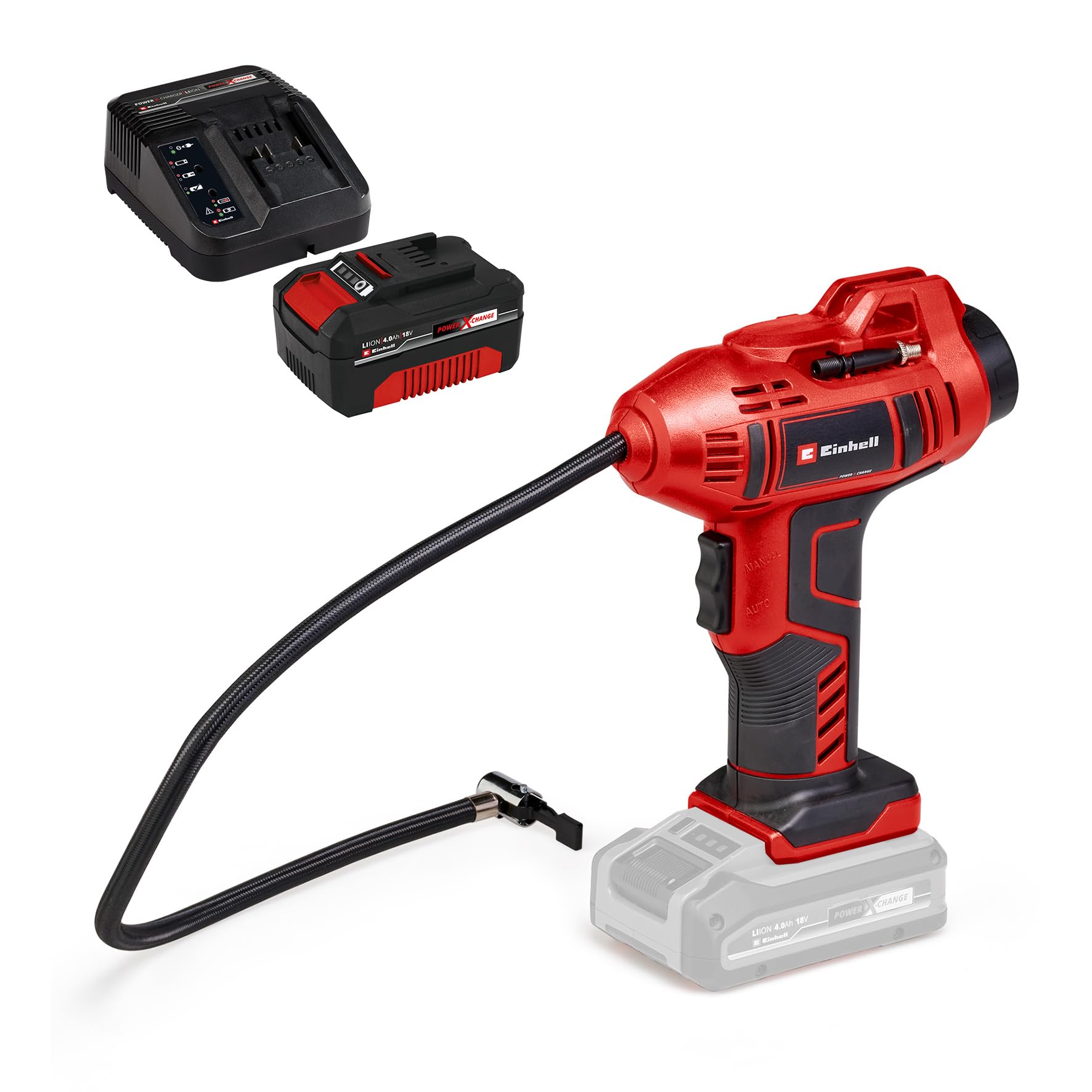 Einhell Akku-Autokompressor CE-CC 18 Li Power X-Change (Li-Ion, 18 V, max. 11 bar, 60 cm Druckluftschlauch, automat. Abschaltfunktion, Lieferung inkl. 4,0 Ah Akku und Ladegerät)