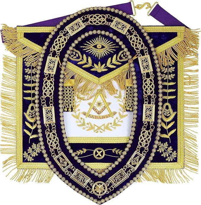 Grand Lodge Masonic Apron 100% Lambskin Leather Hand Embroidered Golden Bullion Wire Thread, Fringe Past Master Mason Aprons And Chain Collar Set Square & Compass, Bullion,purple