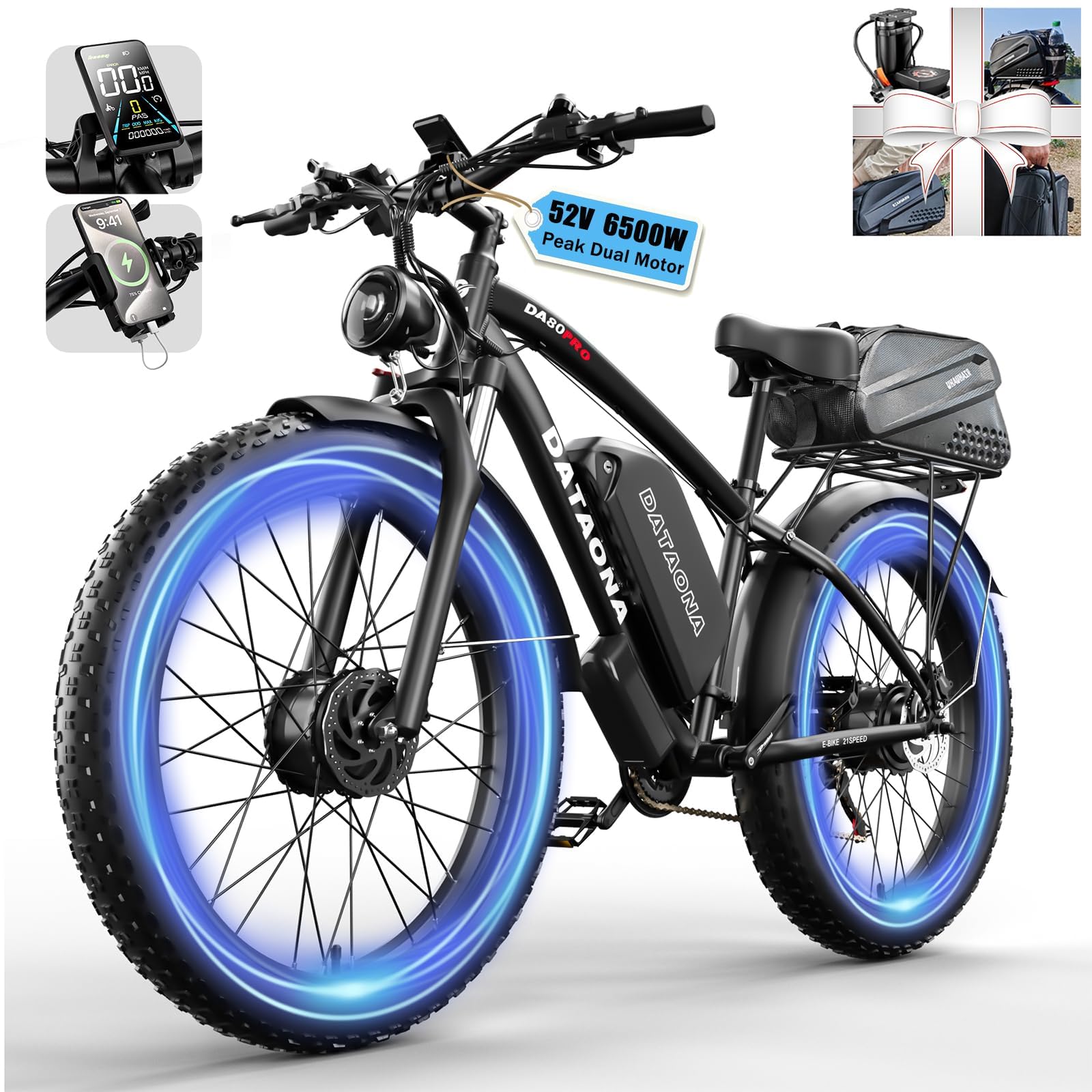 DATAONA 6500W Dual Motor Ebike for Adults Men 20MPH - Fast Electric Bike with 52V 32Ah Battery Up to 100 Miles, Lockable Suspension 24" Fat Tire