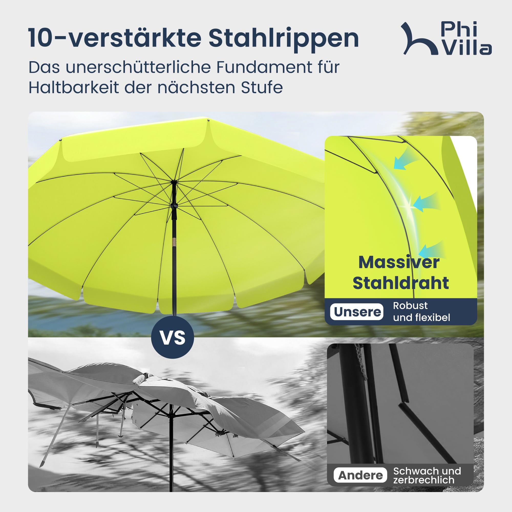 PHI VILLA Ø175-220 cm, ombrellone regolabile in altezza con custodia e morsetto, ombrellone da spiaggia, pieghevole, antivento, stabile da portare con sé, protezione UV50+, per balcone, spiaggia