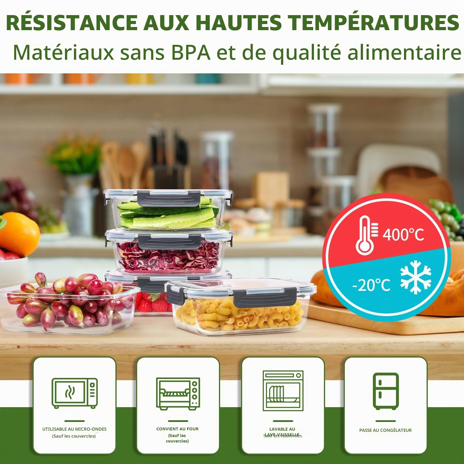 Skroam Lot de 5 boîtes de conservation alimentaire en verre de 1 020,6 g avec couvercles hermétiques, récipients en verre pour préparation des repas, organiseurs de garde-manger et rangement, boîtes à