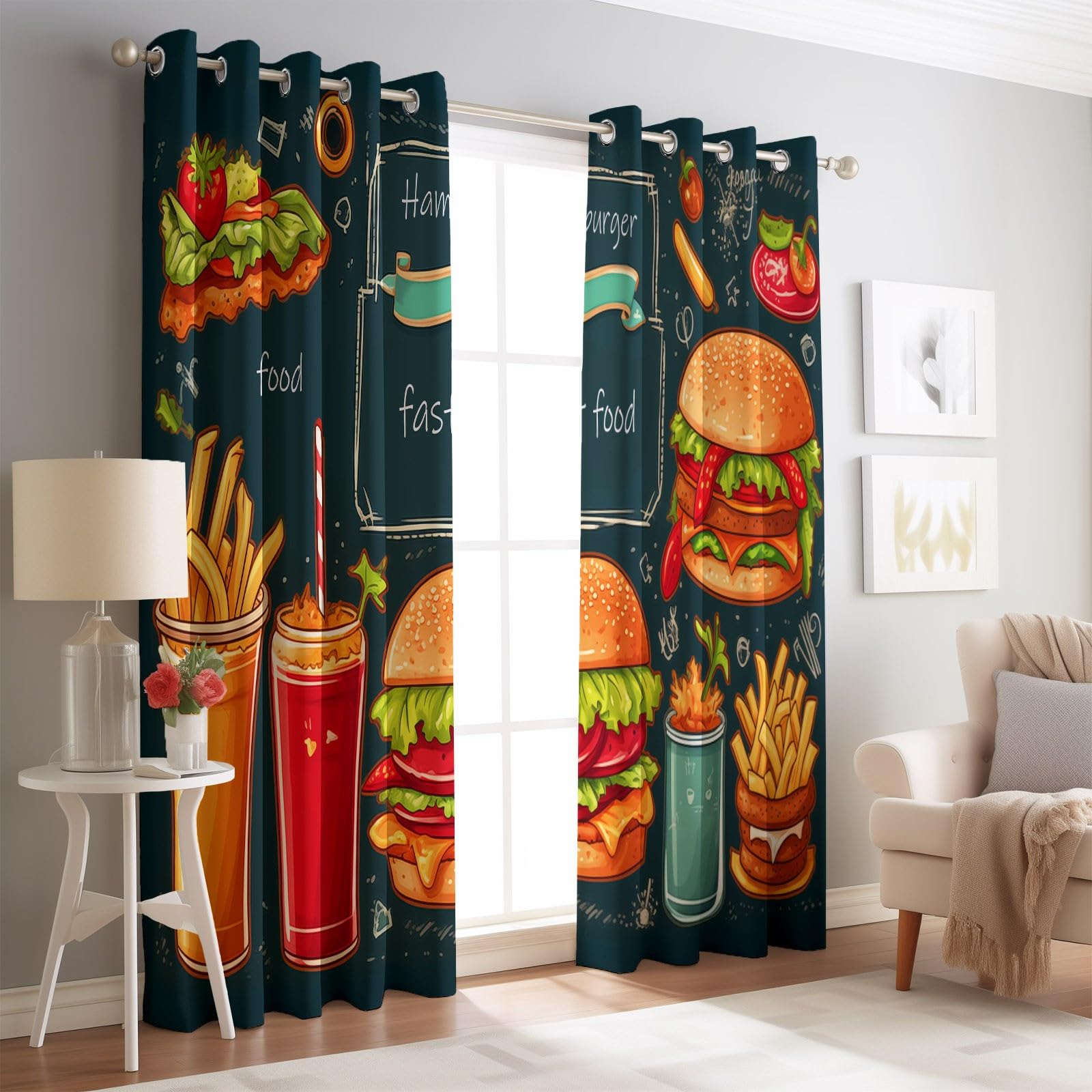 Thermo-Vorhänge H214 x B91.5 cm (2er Set), Bunt Cartoon-Fast-Food-Menü Hamburger, Gardinen für Balkontüren und Arbeitszimmer