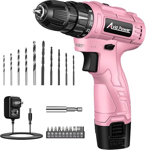 AVID POWER 12V Cordless Pink Drill Set, Power Driver with 21 Bits for Women | 3/8" Keyless Chuck, 25+1 Torque, 2 Speed Setting Max 1400 RPM, Rechargeable Battery & Charger, for Light-duty Household Use