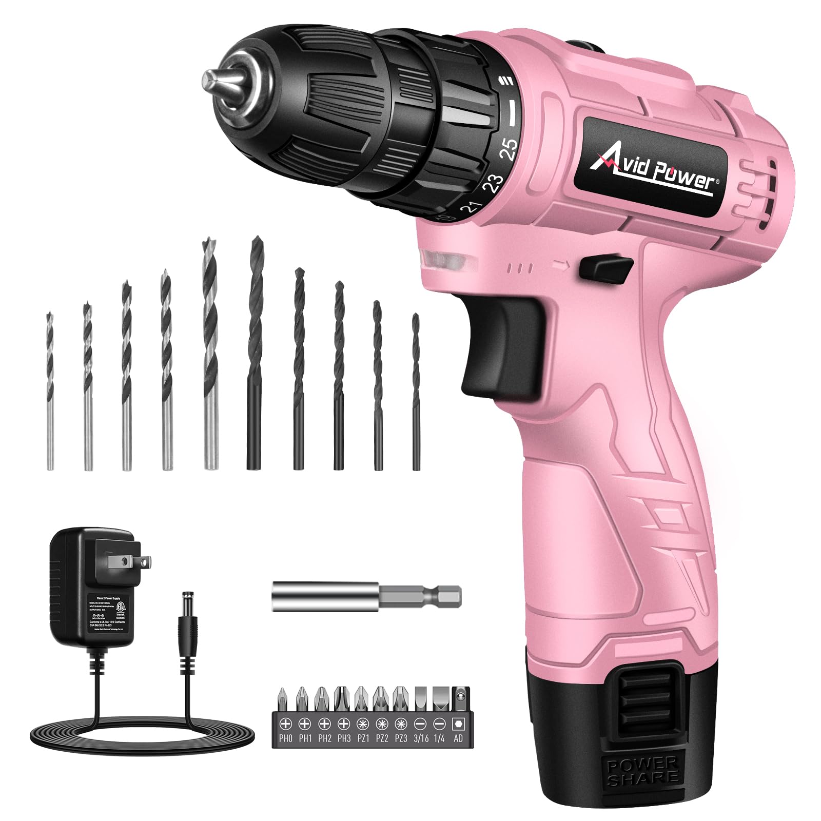 AVID POWER 12V Cordless Pink Drill Set, Power Driver with 21 Bits for Women