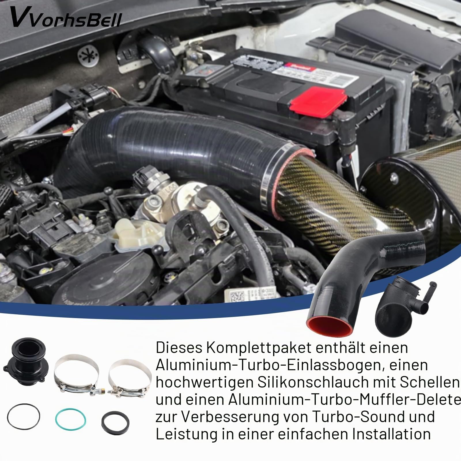 Turbo-Einlassrohr-Set, kompatibel mit VW Golf MK7/7.5 GTI R, Audi A3 S3 8V TT EA888 IS20 IS38 – High Flow Aluminium Ellenbogen & Silikonschlauch & Schalldämpfer löschen