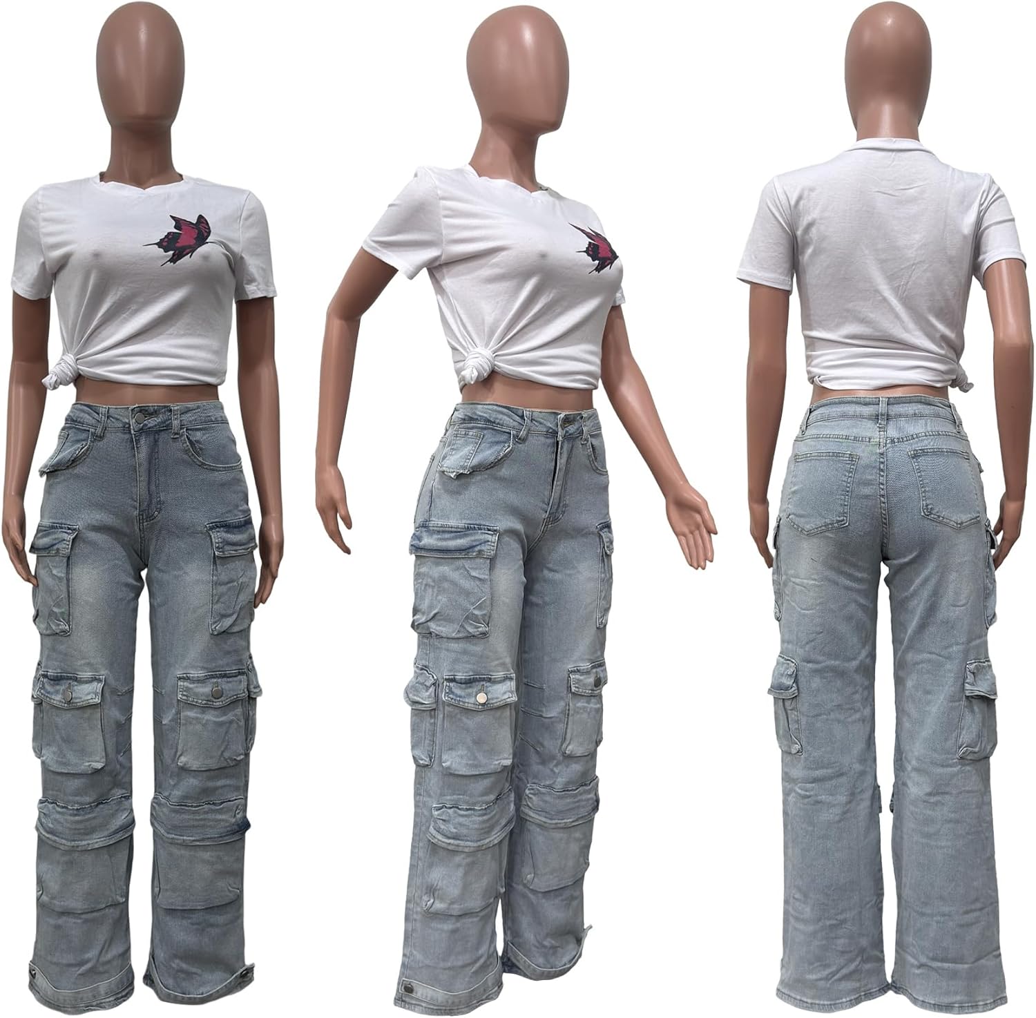 LKOUS Women’s Cargo Baggy Straight Jeans Streetwear Y2K High Waist Wide Leg Denim Pants with Multiple Pockets - Image 7
