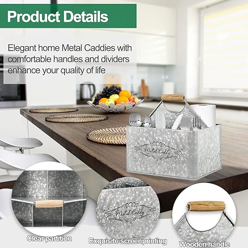 Miniatura 3 de Caja de utensilios de cocina de metal galvanizado para encimera de cocina  Mesa de comedor, mango cómodo con divisores, organizador de
