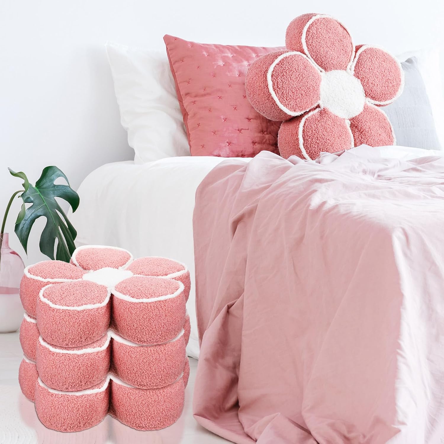 Menkxi 2 Pack Flower Pillows Cute Flower Shaped Pillows Daisy Pillow Throw Soft Floor Cushion for Living Room Bedroom Sofa Couch Winter Warm Decoration 15.7 Inch(Pink) - Image 7