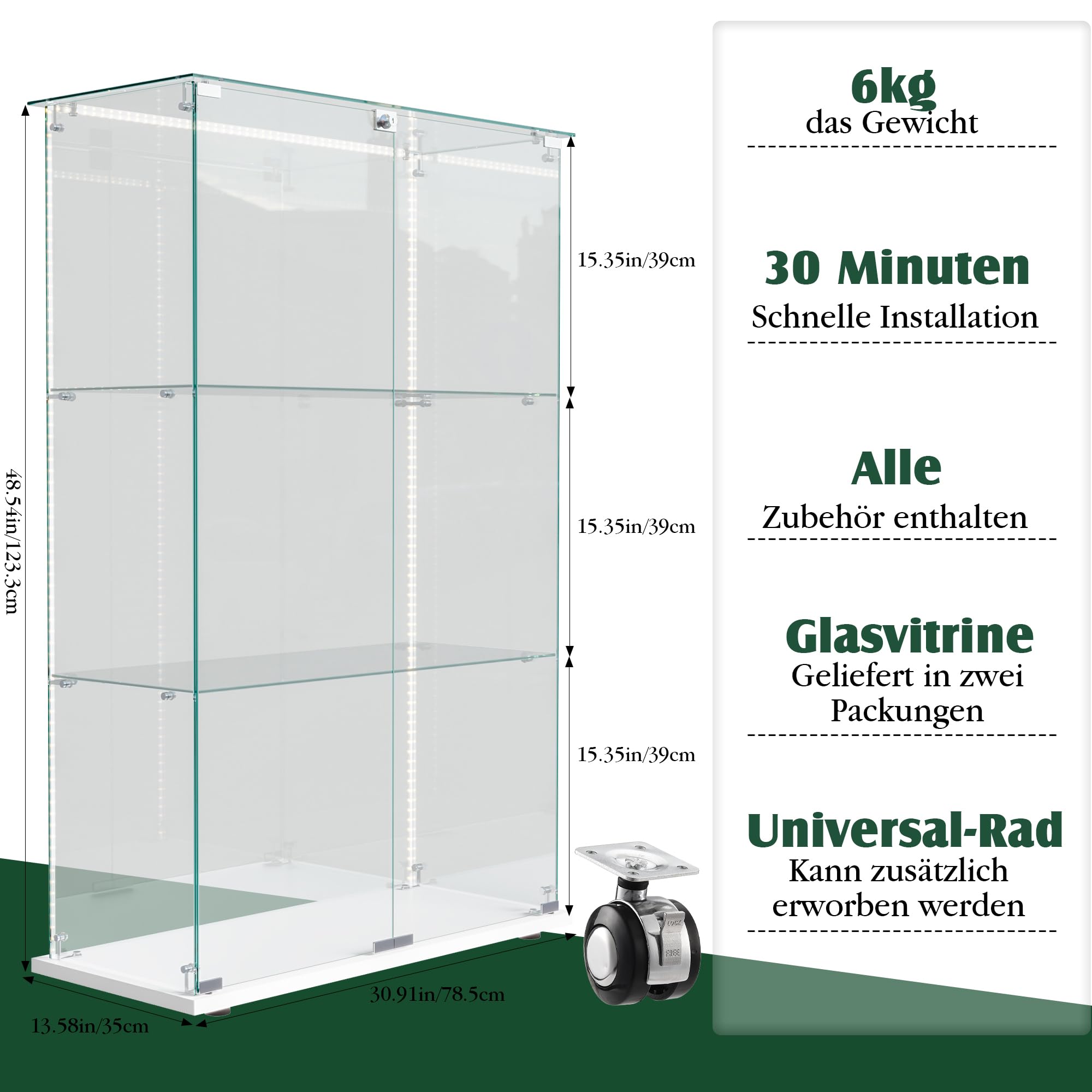 Glasvitrine Standvitrine mit LED Beleuchtung, Glasvitrine Stehend mit 3 Glasböden & 2 Glastüren abschließbar, Vitrinenschrank für Wohnzimmer Büro Sammlerstücke Bücher Wein Weiß