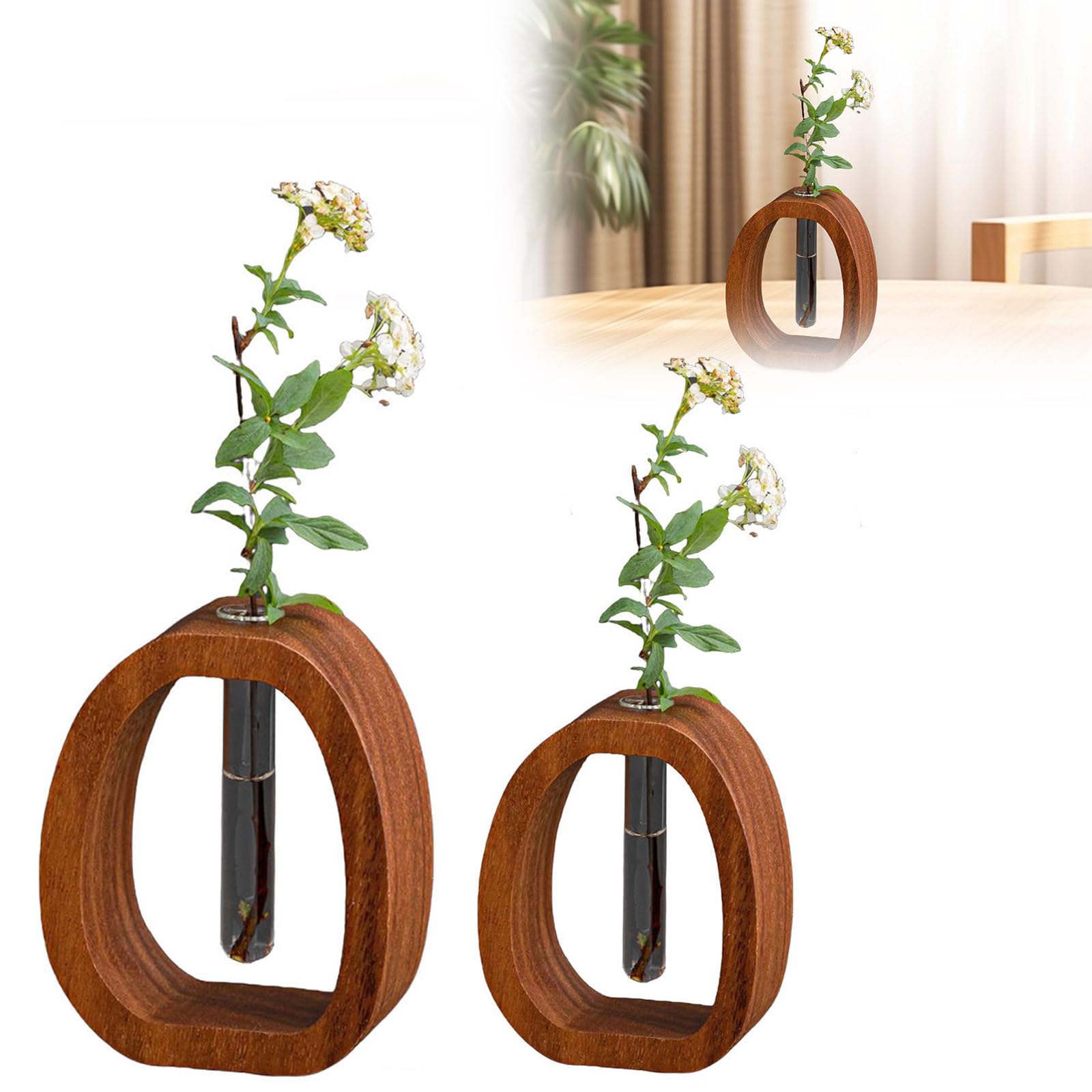 Glasvase aus Walnussholz, kleine Blumenvase mit Reagenzglas, kreatives Hydrokultur-Ornament für Heimdekoration und Tafelaufsätze