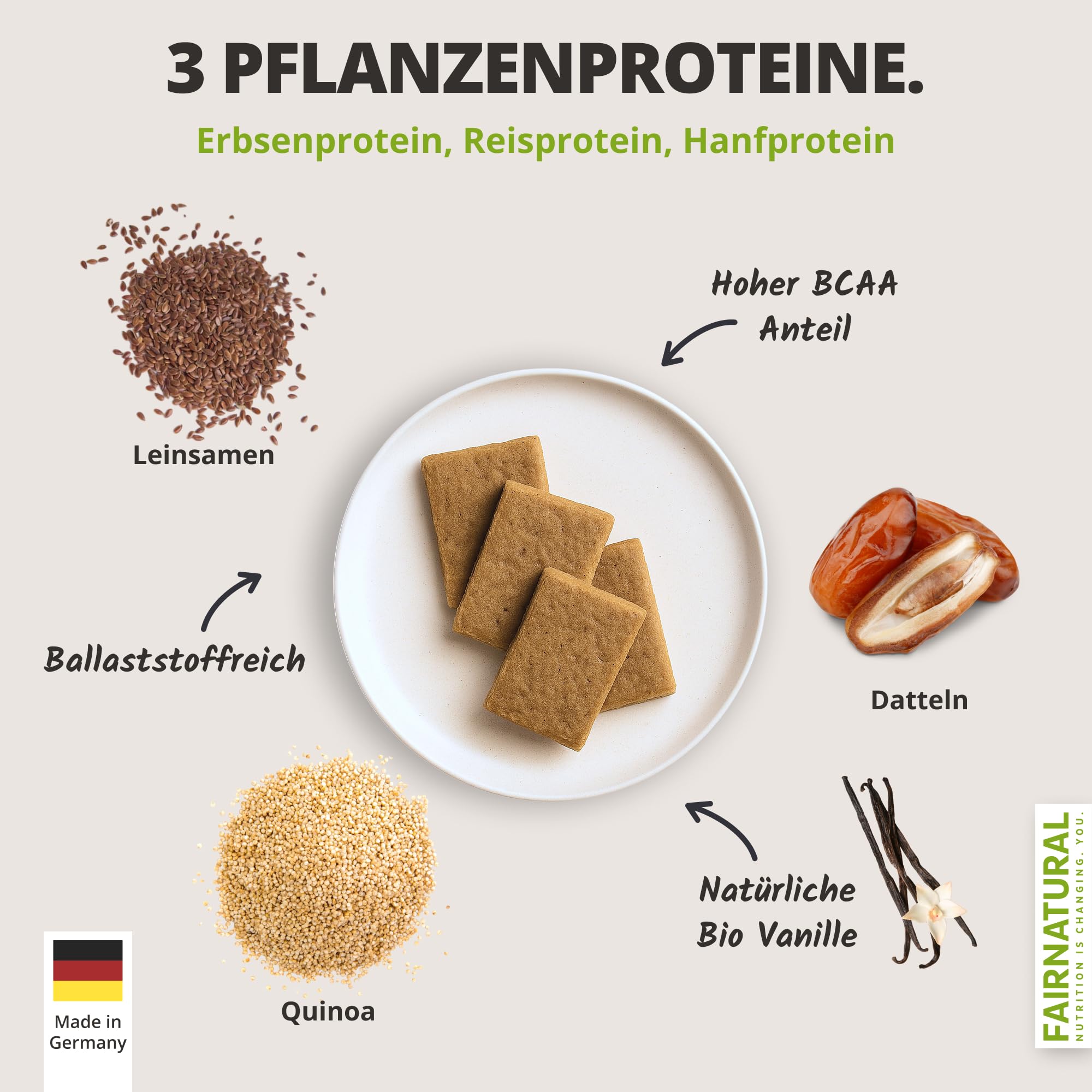 FAIRNATURAL® Protein Riegel Vegan Vanille [10x45G] - Vegane Whey Proteinriegel ohne Soja & zugesetztem Zucker - Eiweißriegel Herstellung in DE - Pflanzliche Energieriegel - Protein Bar - Snack Riegel