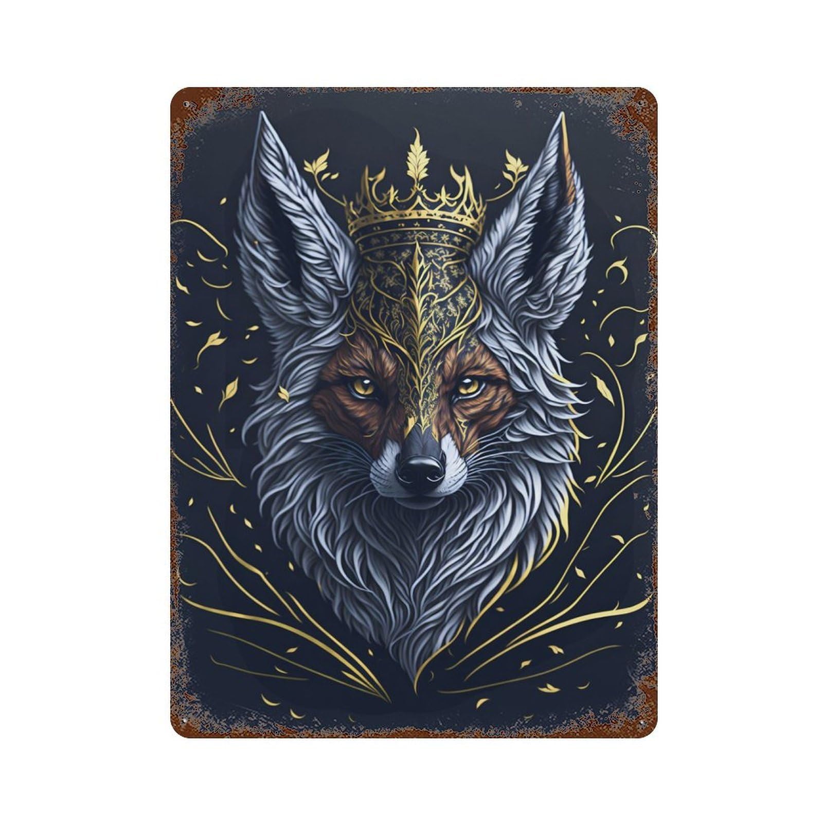 Garage Style Golden Crown Fox Decorative Tin Sign 15.7"x11.8", Industrial Home Decor for Bar And Workshop