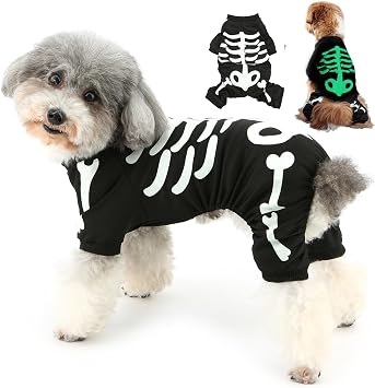 Zunea Dog Halloween Costume for Small Dogs Glowing Skeleton Puppy Halloween Costume Skull Bones Jumpsuit 4-Legged Funny Cosplay Sweatshirt Dress Up Apparel Outfits for Pet Chihuahua Yorkie Doggy S