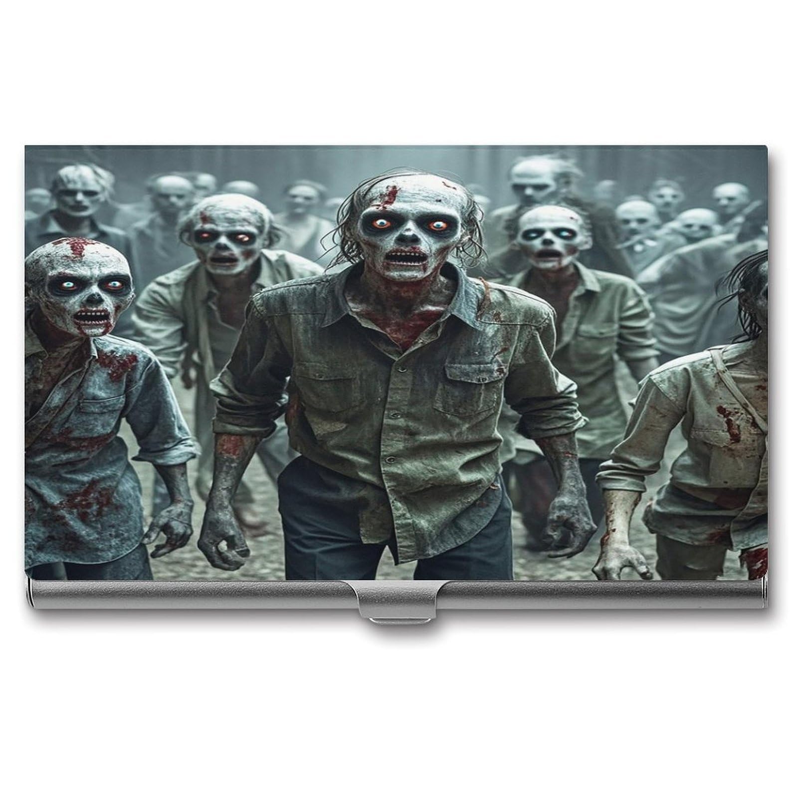 FekiLoot Many Zombie Business Card Holder for Men & Women Professional Stainless Steel Business Card Case Large Capacity Slim Purse Name Cards Holders Buckle Style Shut