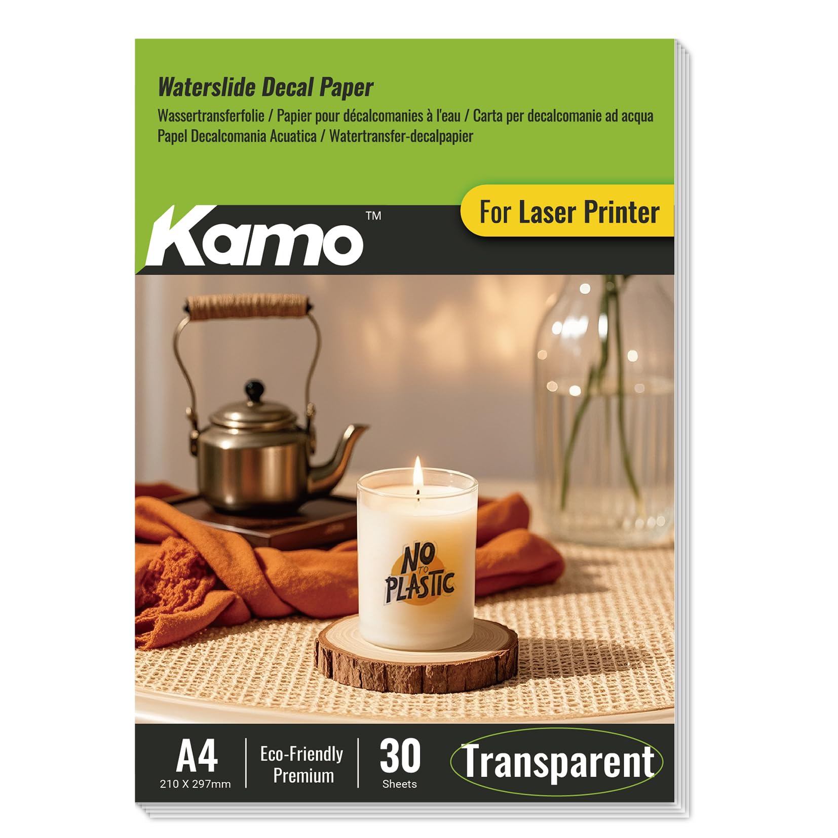 Kamo Wasserschiebefolie Transparent A4 für Laserdrucker – 30 Blätter Decalfolie für Keramik, Glas, Tassen, Kerzen, Kunststoff und Modellbau DIY Projekte