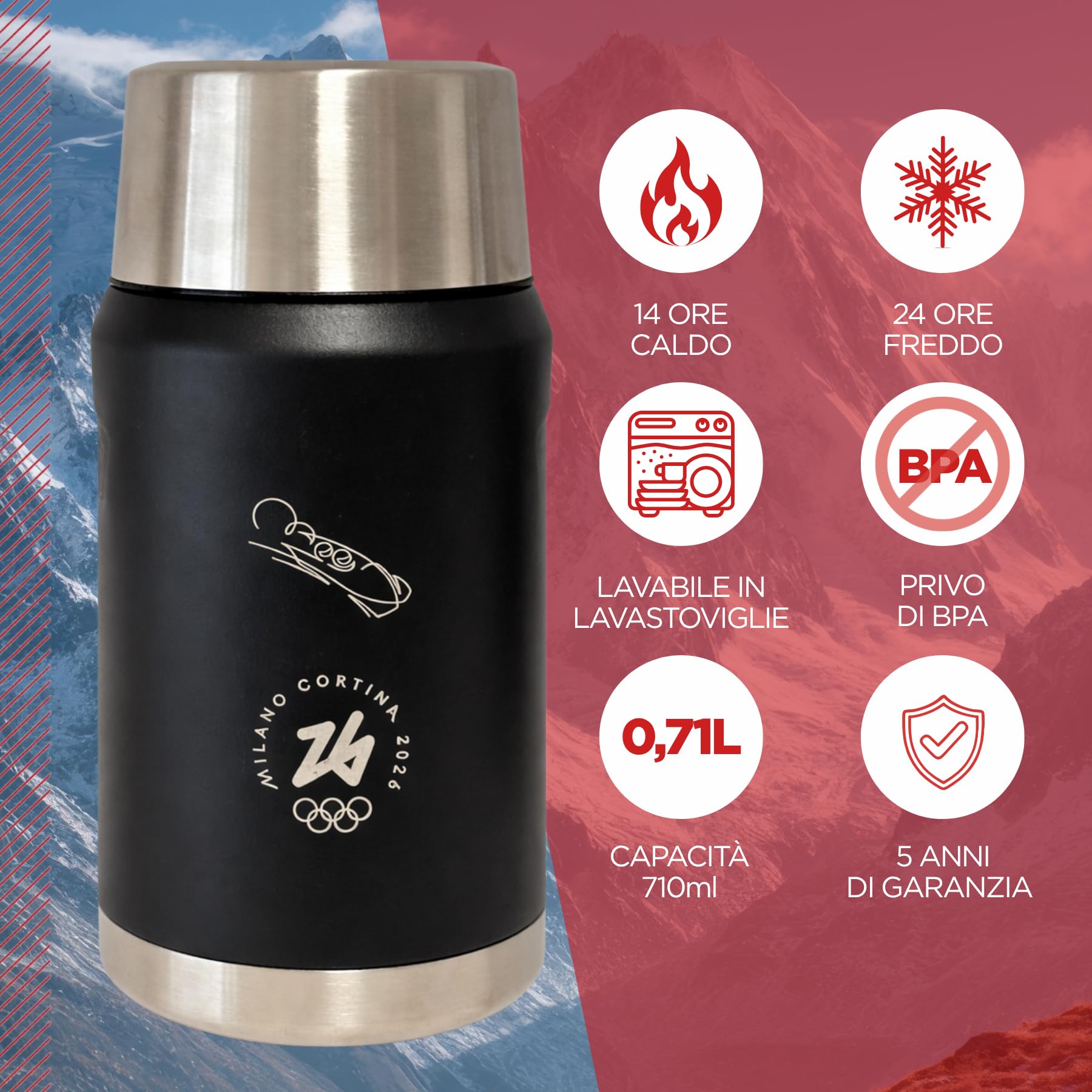 THERMOS Prodotto Ufficiale Milano Cortina 2026 alimenti, in Acciaio Inox con Cucchiaio Pieghevole, 0,71L, 14h Caldo e 24h Freddo, Granite