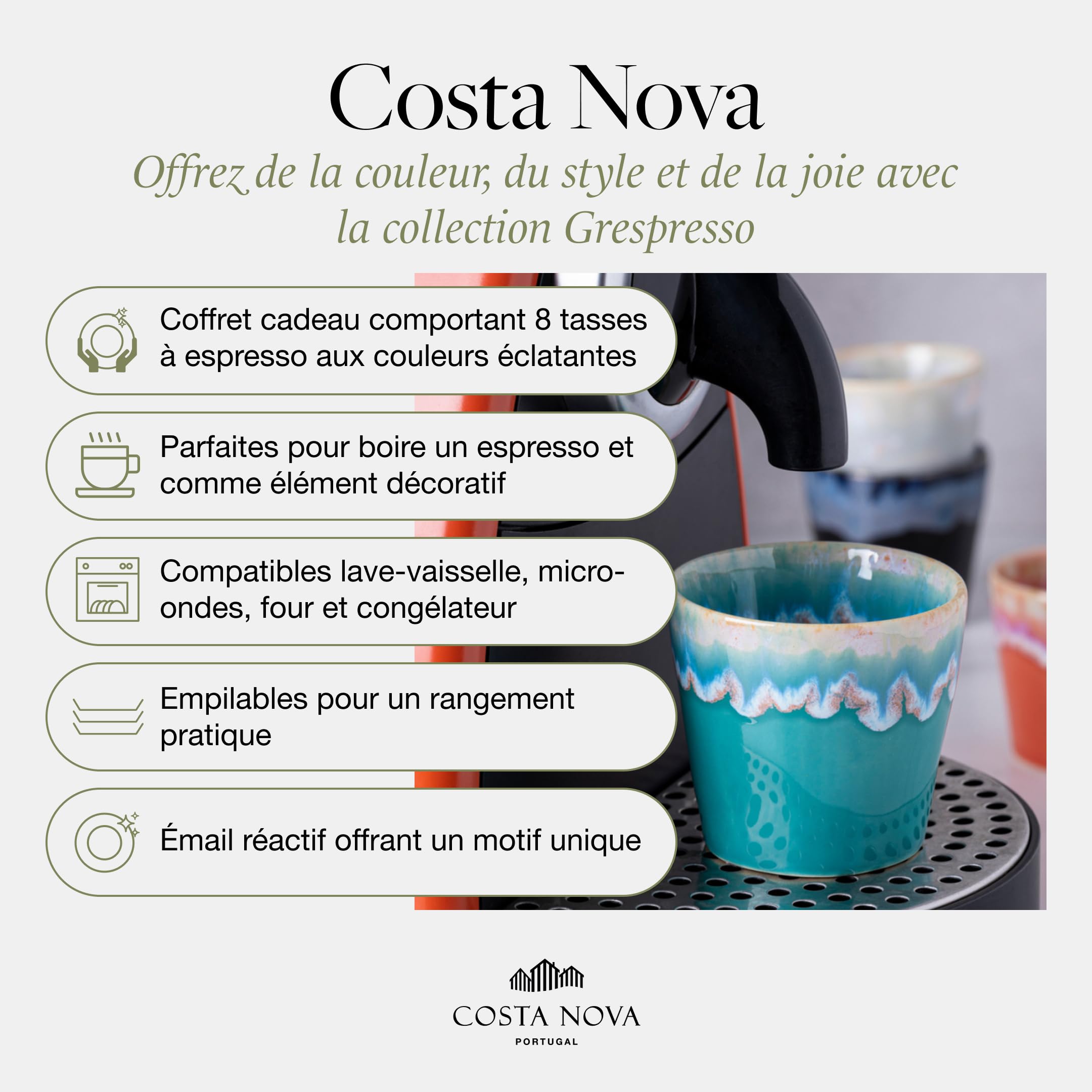 Costa Nova coffret cadeau Grespresso: 8 tasses à expresso en grès fin avec glaçure réactive, empilables, multicolores, présentées dans une boîte en bois, compatibles lave-vaisselle, Ø 6,5 cm