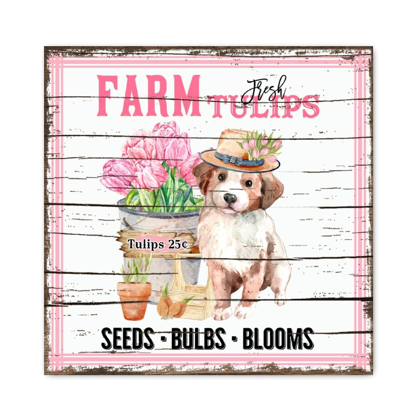 Panneau bois tulipes chien rustique décoration murale chambre salle de bain 30cm