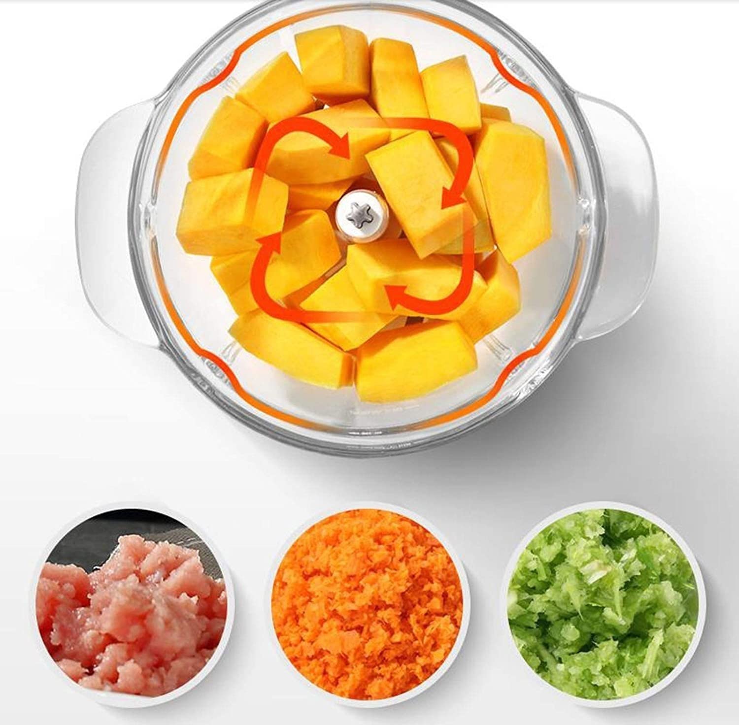 Picadora eléctrica, mini robot culinario, hoja de acero inoxidable, 2 velocidades, cuenco de cristal sin BPA de 2 l para carne, verduras y frutas, 300 W