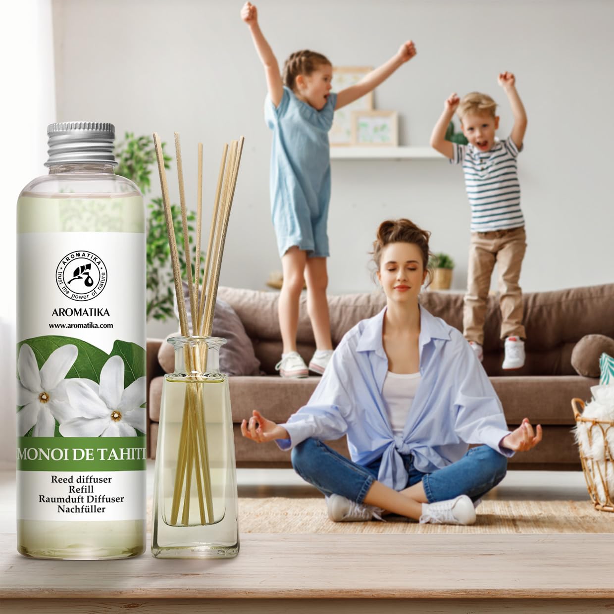 Raumduft Diffuser Nachfüller Monoi de Tahiti & Vanille & Jasmin 600ml - 3x200ml - Nachfüller Set für Duftdiffusor - Reed Diffuser Refill - Raumbeduftung - Zimmerduft - Diffuser Nachfüllen - Raumluft