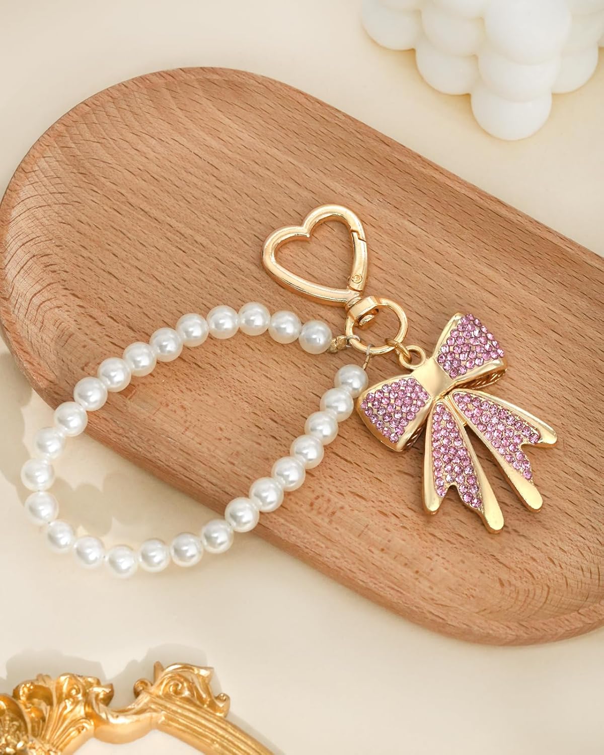 Bow Keychain Bow Bag Charm Purse Charms for Handbags Rhinestone Bowknot Keychains With Pearl Chains Cute Keychains - Image 2